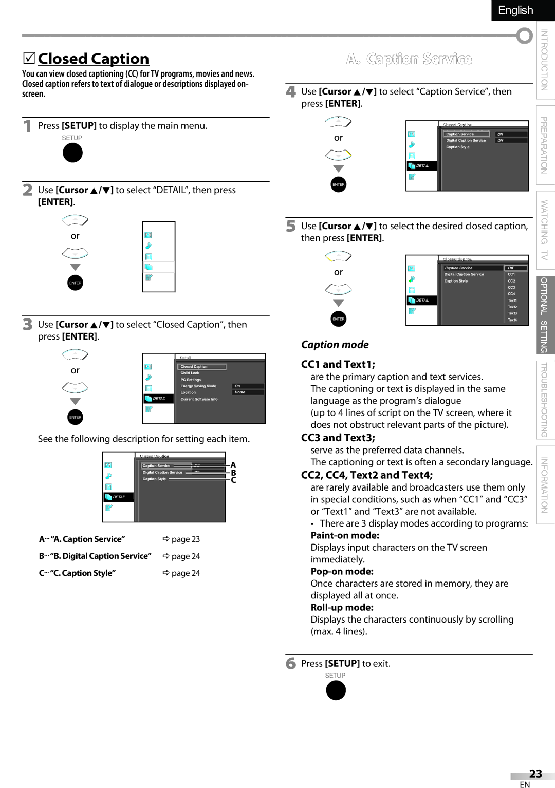 Sylvania LC320SSX owner manual  Closed Caption, Caption Service, CC1 and Text1, CC3 and Text3, CC2, CC4, Text2 and Text4 