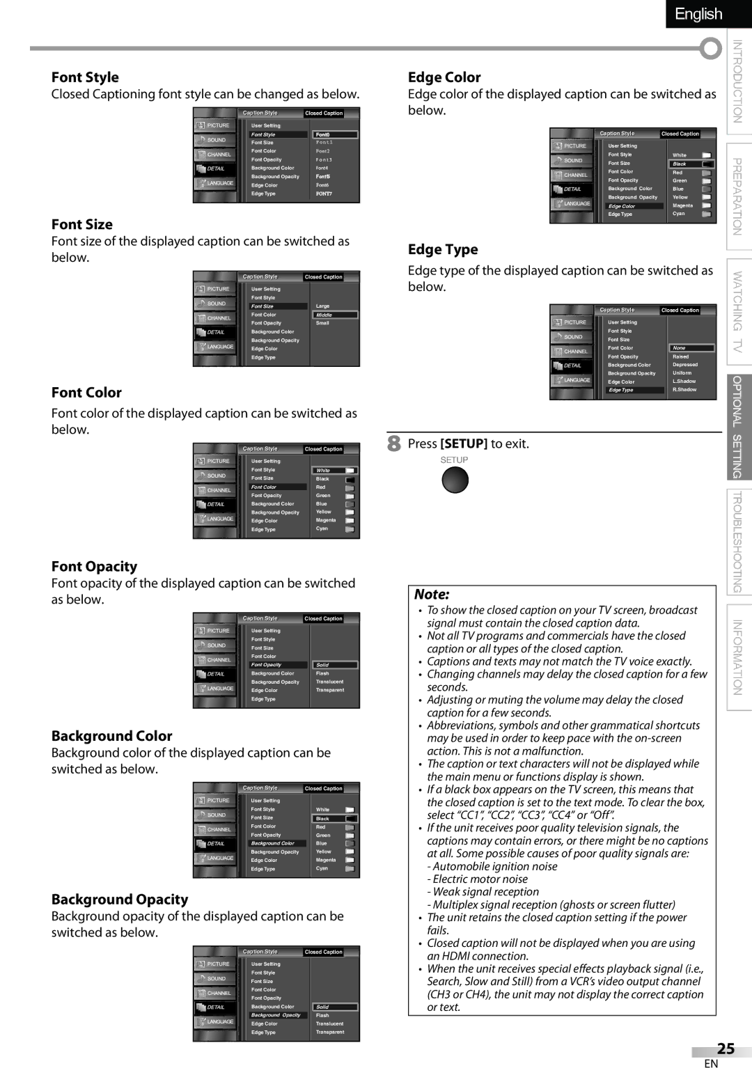 Sylvania LC320SSX owner manual Font Style, Font Size, Font Color, Font Opacity, Background Color, Background Opacity 