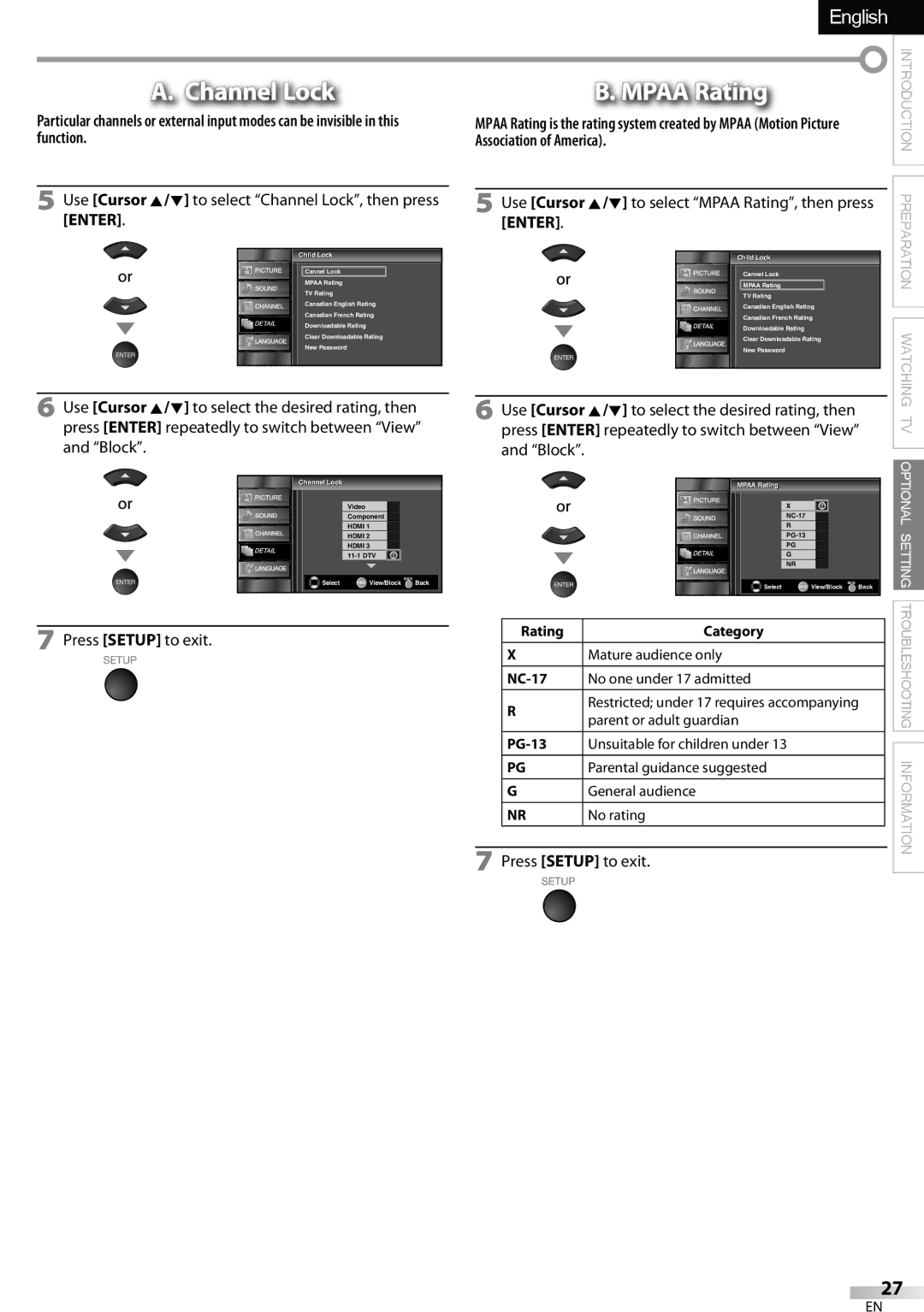 Sylvania LC320SSX Use Cursor K/L to select Channel Lock, then press Enter, Association of America, Press Setup to exit 