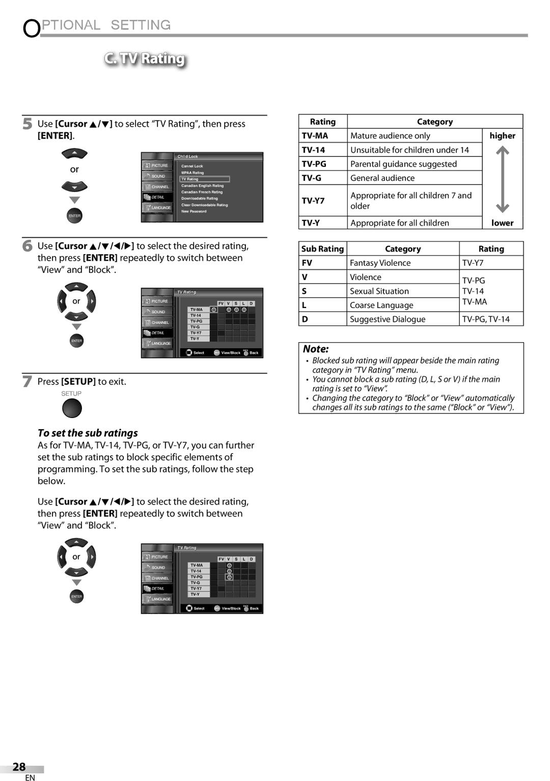 Sylvania LC320SSX owner manual To set the sub ratings, Use Cursor K/L to select TV Rating, then press 