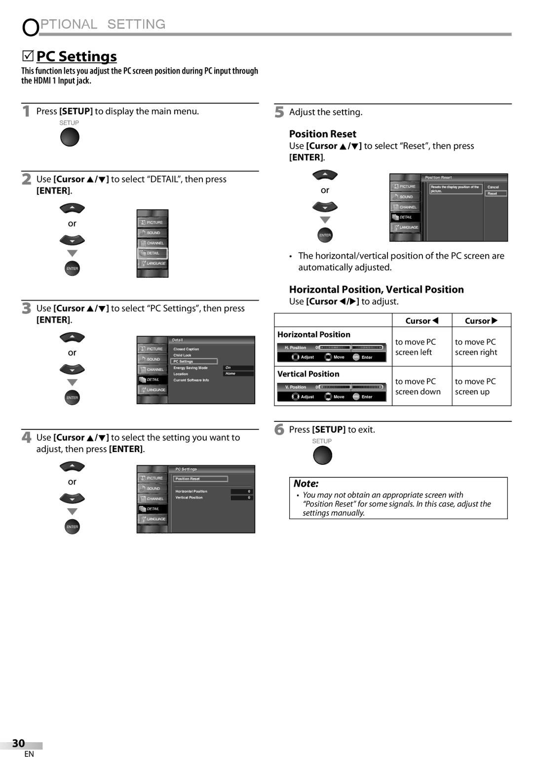 Sylvania LC320SSX owner manual  PC Settings, Position Reset, Horizontal Position, Vertical Position 