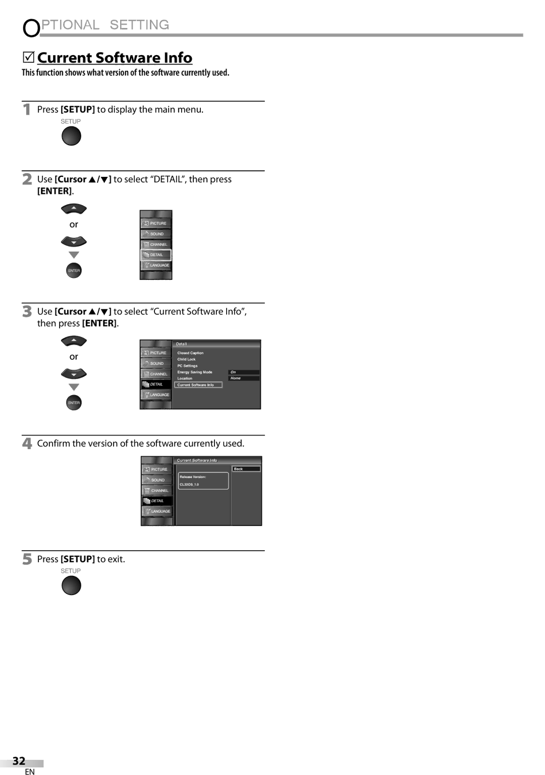 Sylvania LC320SSX  Current Software Info, Confirm the version of the software currently used, Current Software InfoI 