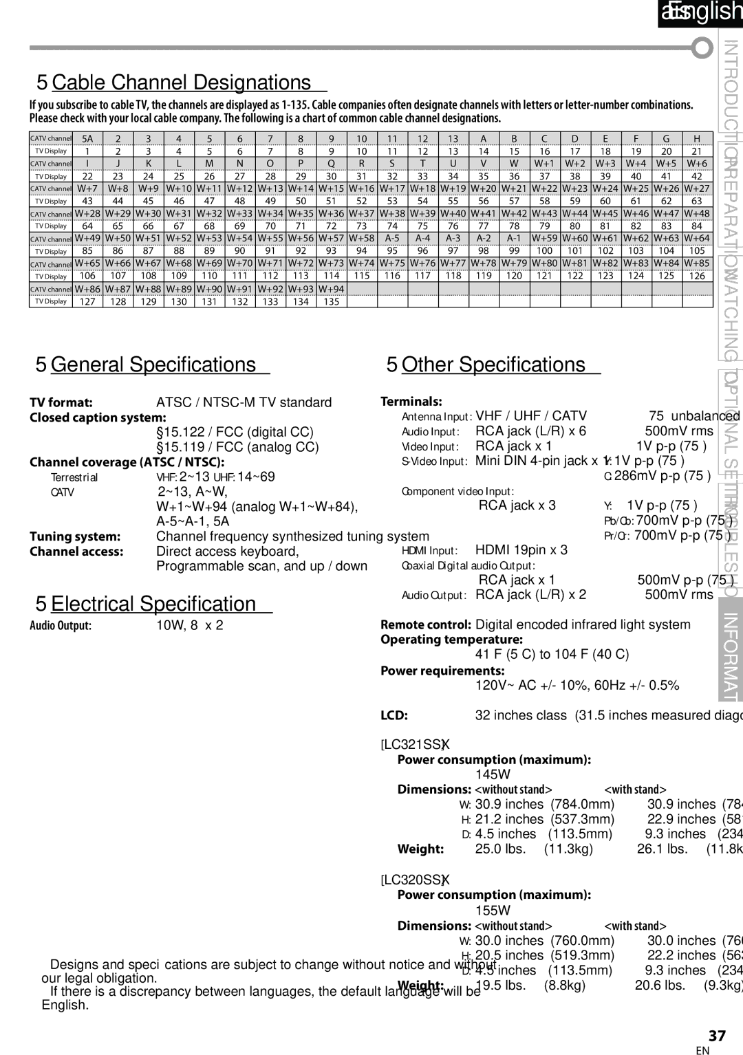 Sylvania LC320SSX owner manual  Cable Channel Designations,  General Specifications,  Electrical Specification 