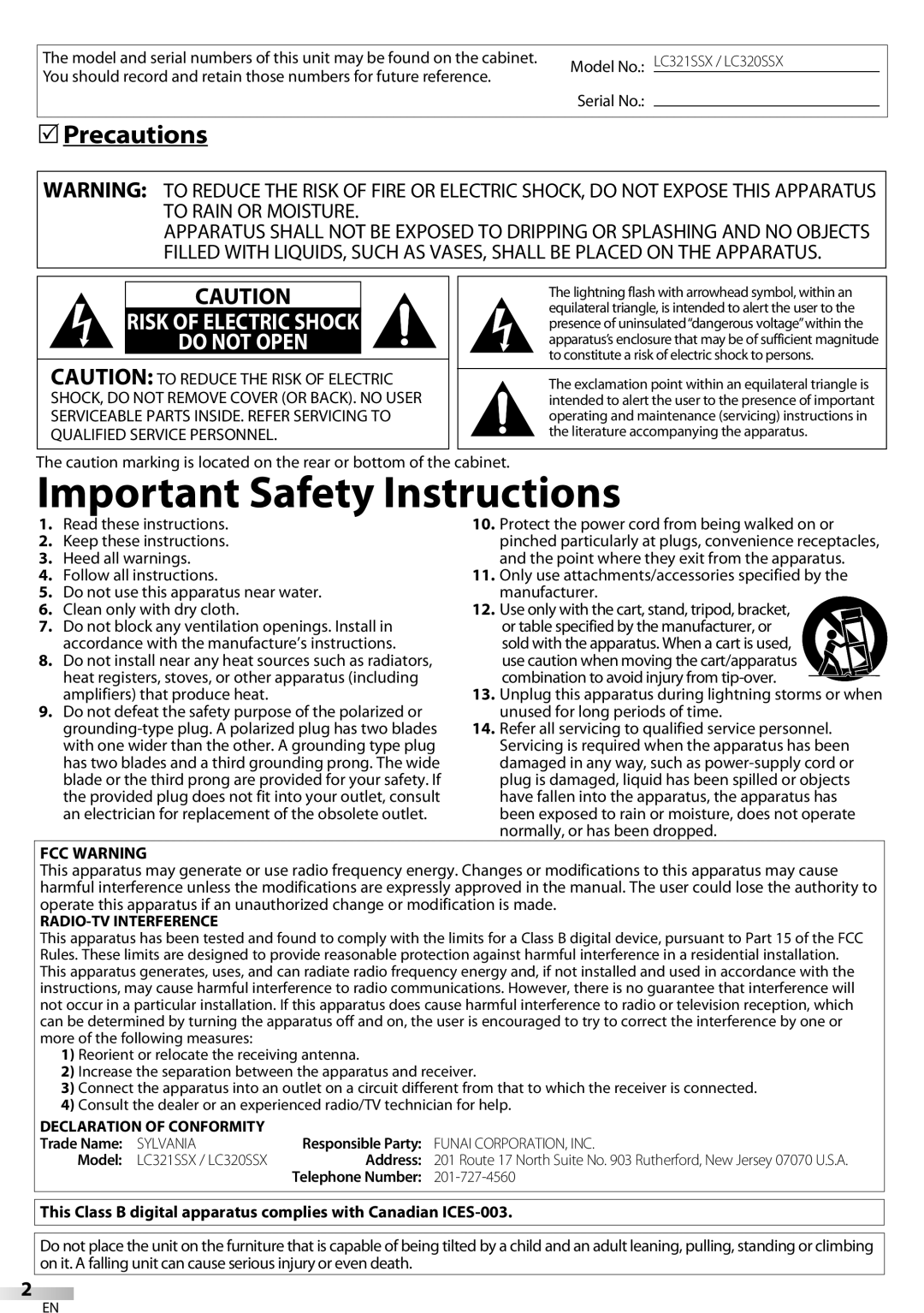 Sylvania LC320SSX owner manual  Precautions, FCC Warning, Model, Address 