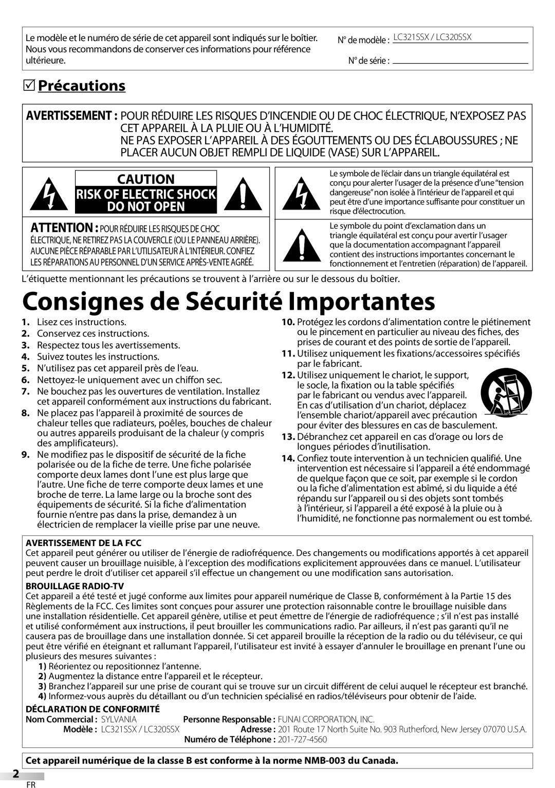 Sylvania LC320SSX owner manual  Précautions, Ultérieure, Numéro de Téléphone 