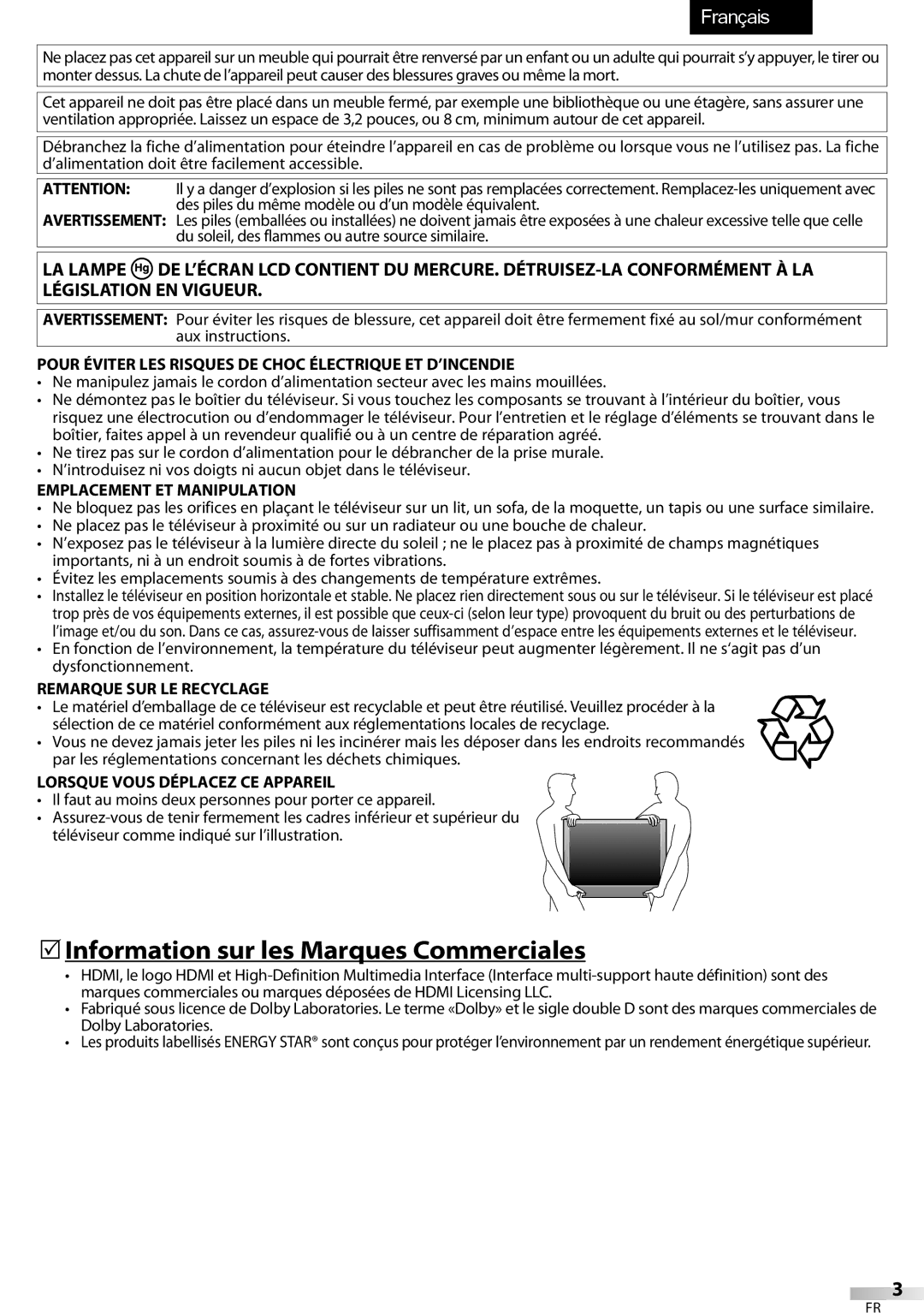 Sylvania LC320SSX  Information sur les Marques Commerciales, Pour Éviter LES Risques DE Choc Électrique ET D’INCENDIE 