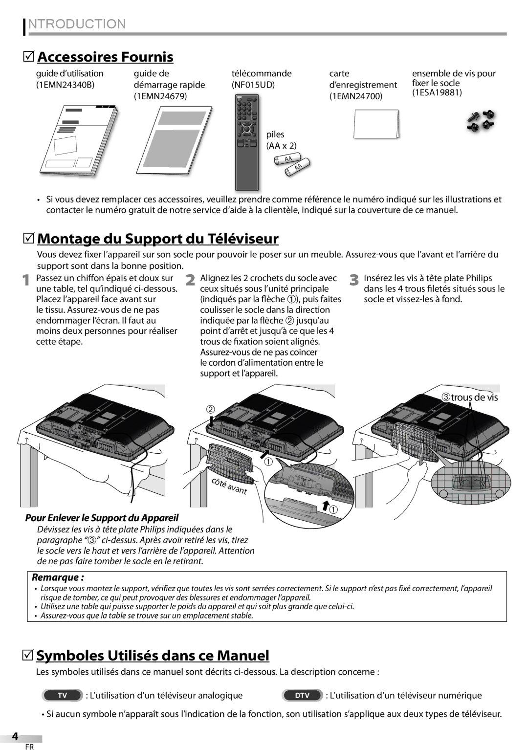 Sylvania LC320SSX  Accessoires Fournis,  Montage du Support du Téléviseur,  Symboles Utilisés dans ce Manuel, Remarque 