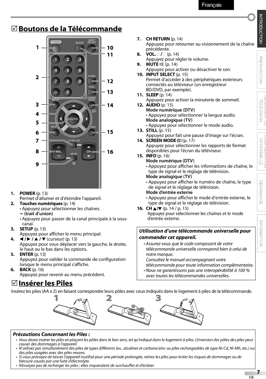 Sylvania LC320SSX owner manual  Boutons de la Télécommande,  Insérer les Piles, Précautions Concernant les Piles 