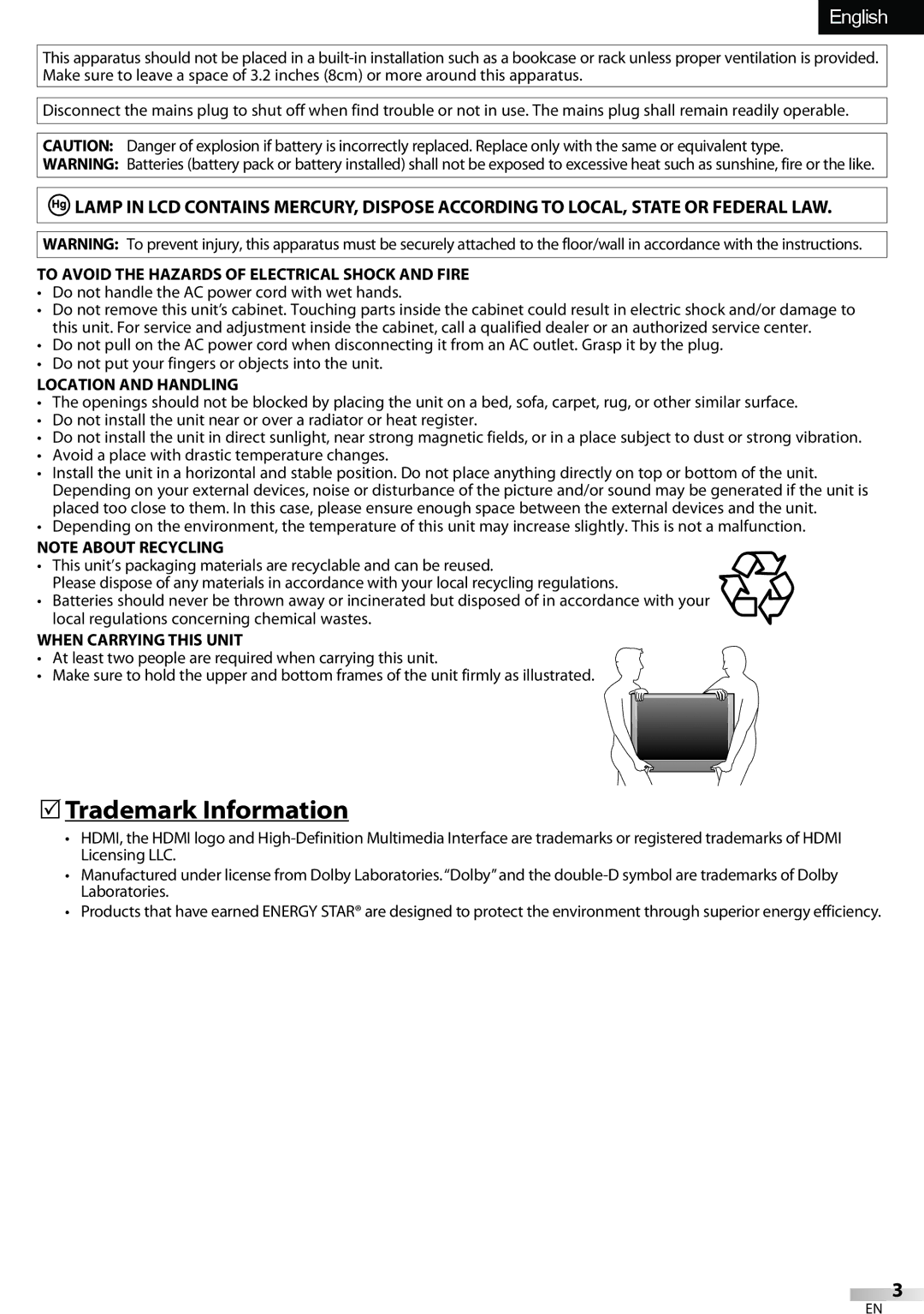 Sylvania LC320SSX  Trademark Information, Do not handle the AC power cord with wet hands, Location and Handling 