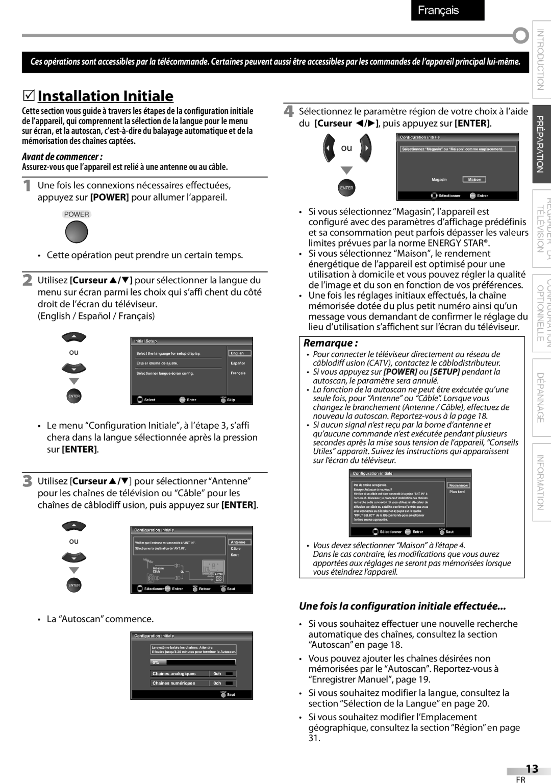 Sylvania LC320SSX owner manual  Installation Initiale, Avant de commencer, Une fois la configuration initiale effectuée 