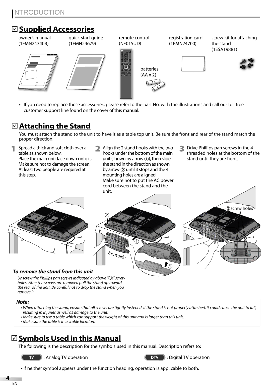 Sylvania LC320SSX owner manual Introduction,  Supplied Accessories,  Attaching the Stand,  Symbols Used in this Manual 