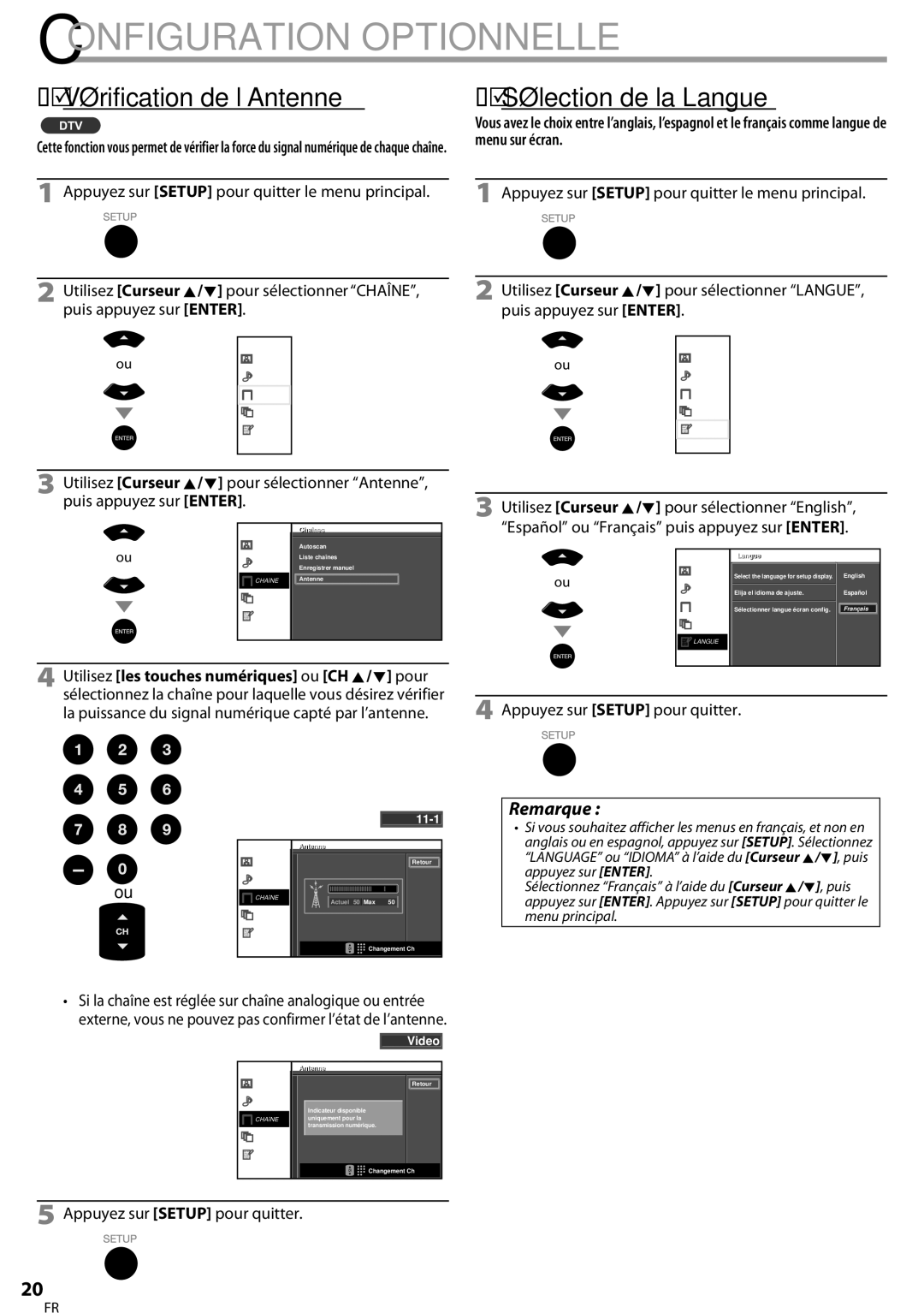 Sylvania LC320SSX  Vérification de l’Antenne,  Sélection de la Langue, Appuyez sur Setup pour quitter le menu principal 