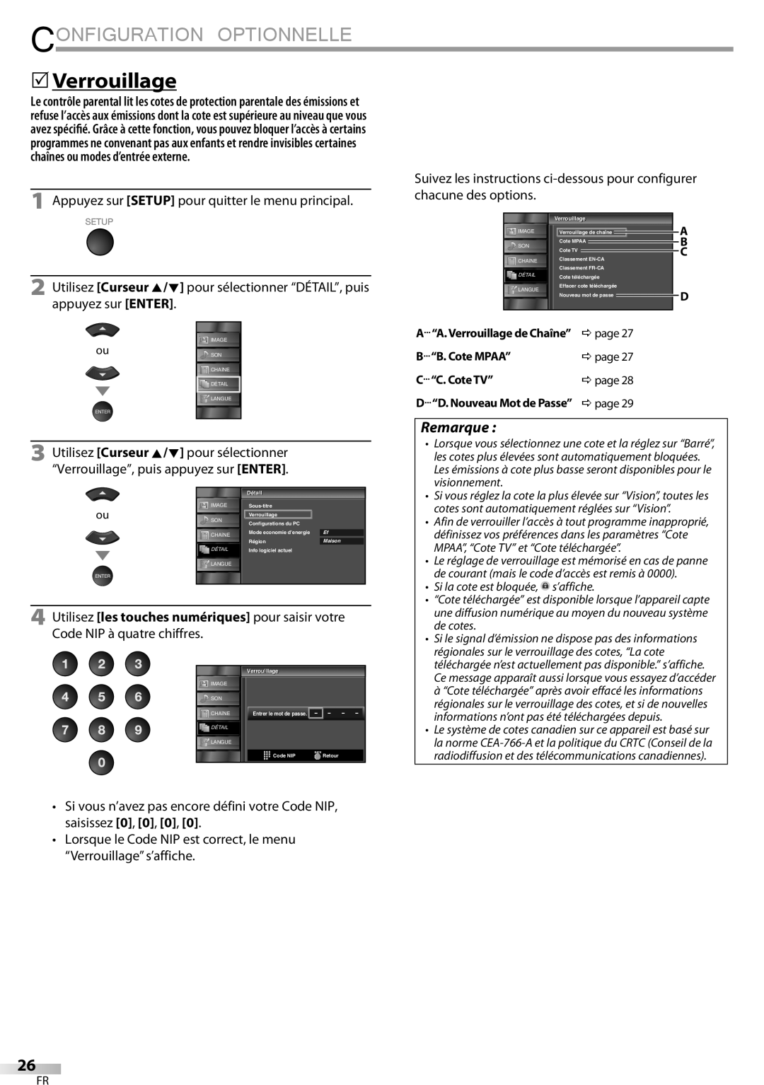 Sylvania LC320SSX owner manual  Verrouillage, Verrouillage de Chaîne page Cote Mpaa, Cote TV, Nouveau Mot de Passe page 