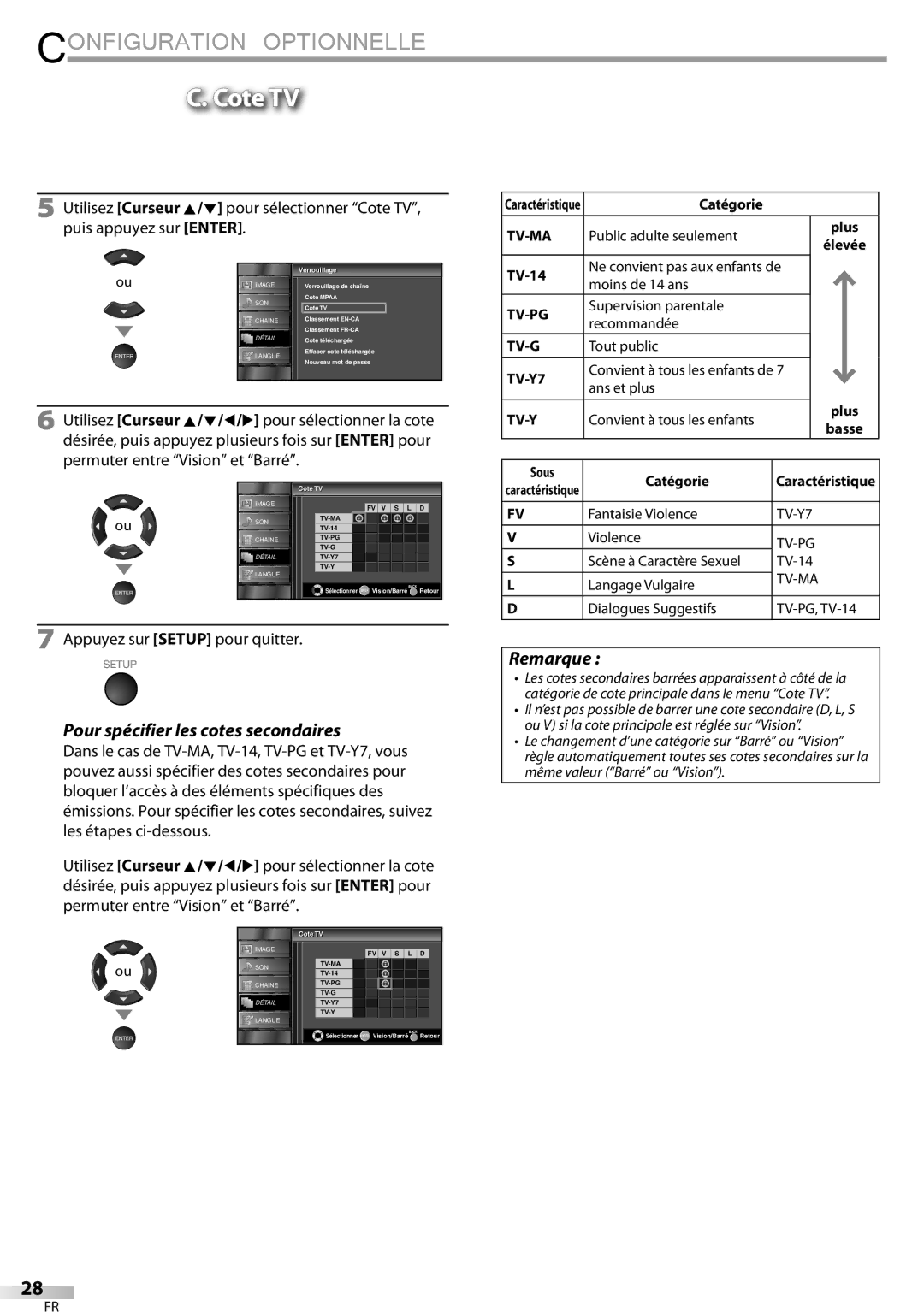 Sylvania LC320SSX owner manual Cote TV, Pour spécifier les cotes secondaires, Sous Catégorie, CoteTV 