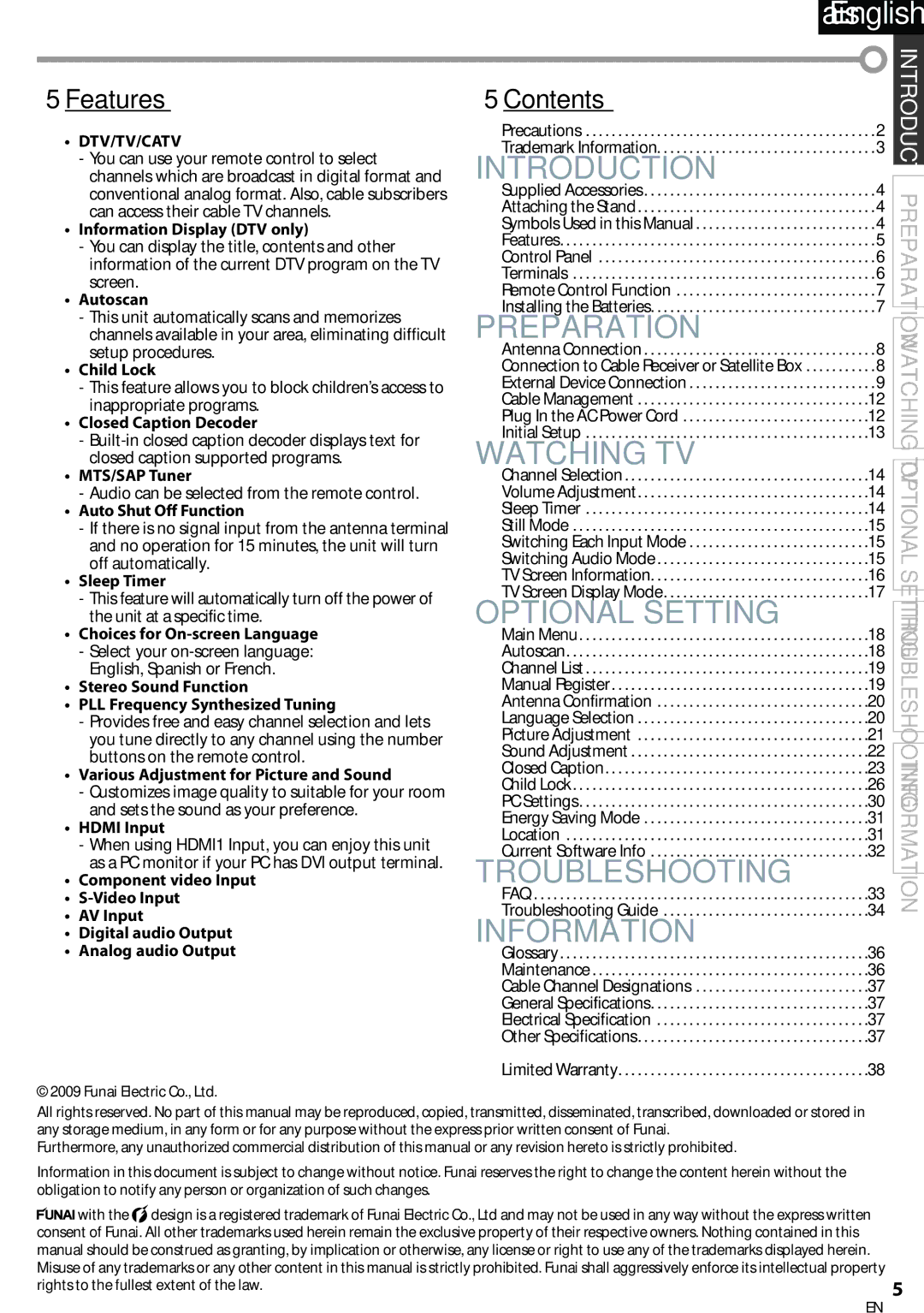 Sylvania LC320SSX owner manual  Features,  Contents, Dtv/Tv/Catv 