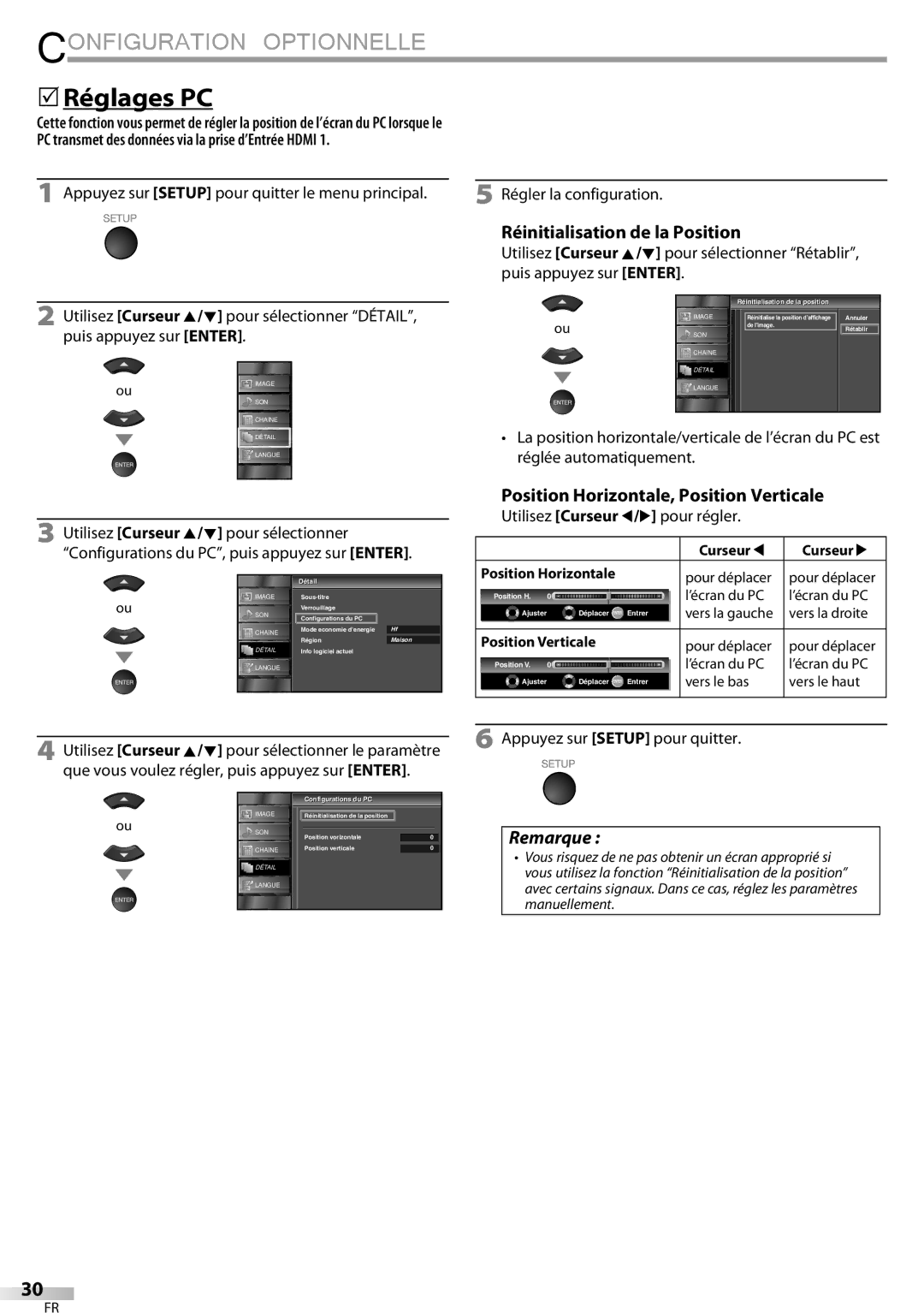 Sylvania LC320SSX owner manual  Réglages PC, Réinitialisation de la Position, Position Horizontale, Position Verticale 