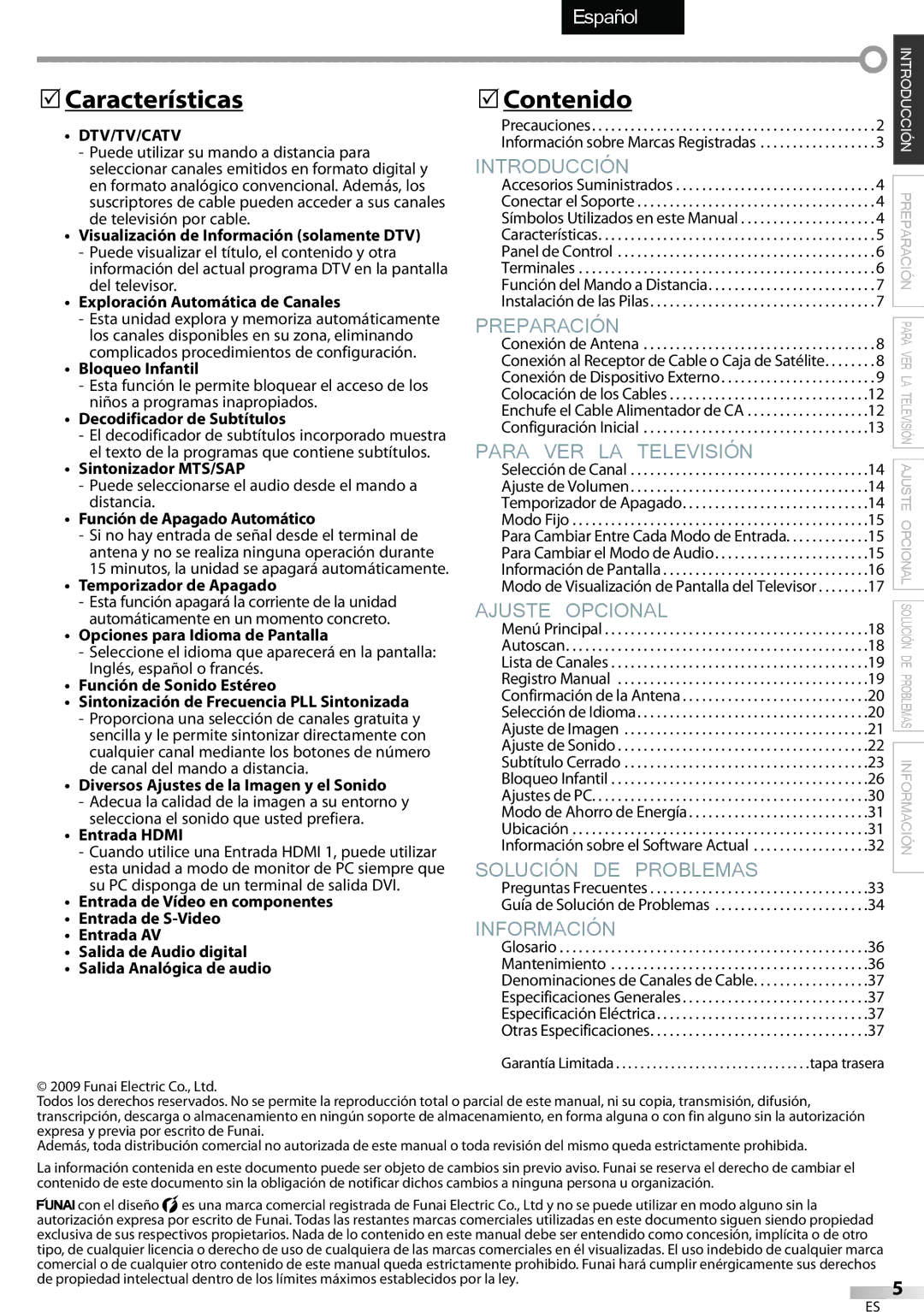 Sylvania LC320SSX owner manual  Características,  Contenido 