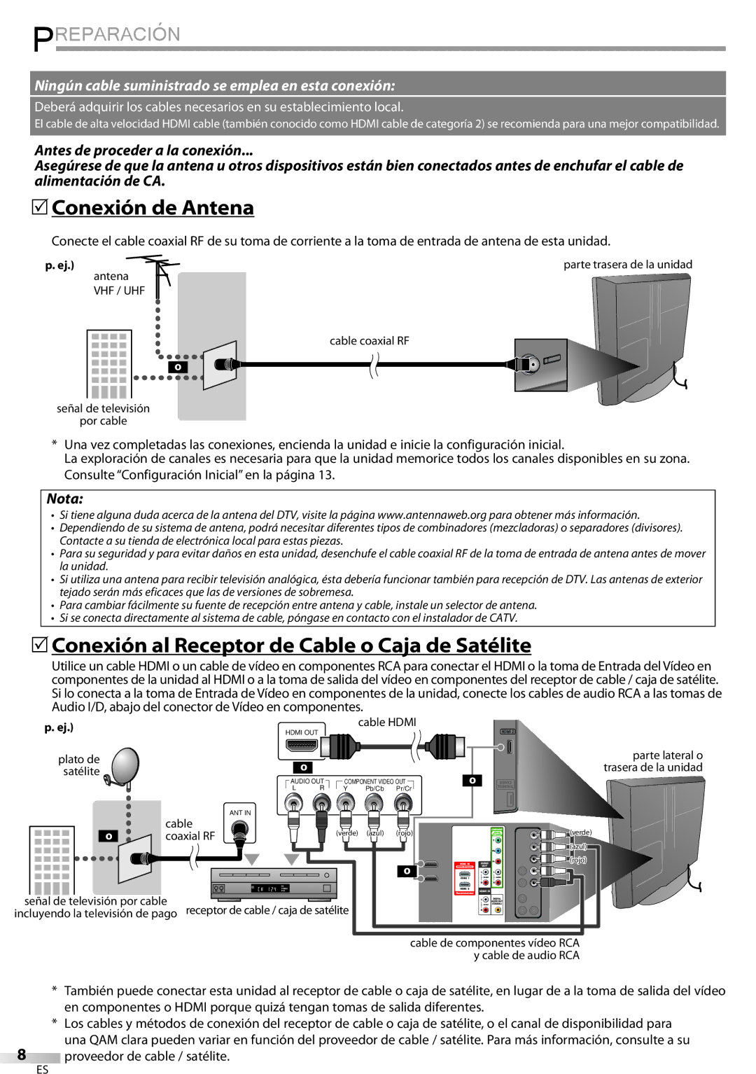 Sylvania LC320SSX owner manual Preparación,  Conexión de Antena,  Conexión al Receptor de Cable o Caja de Satélite 