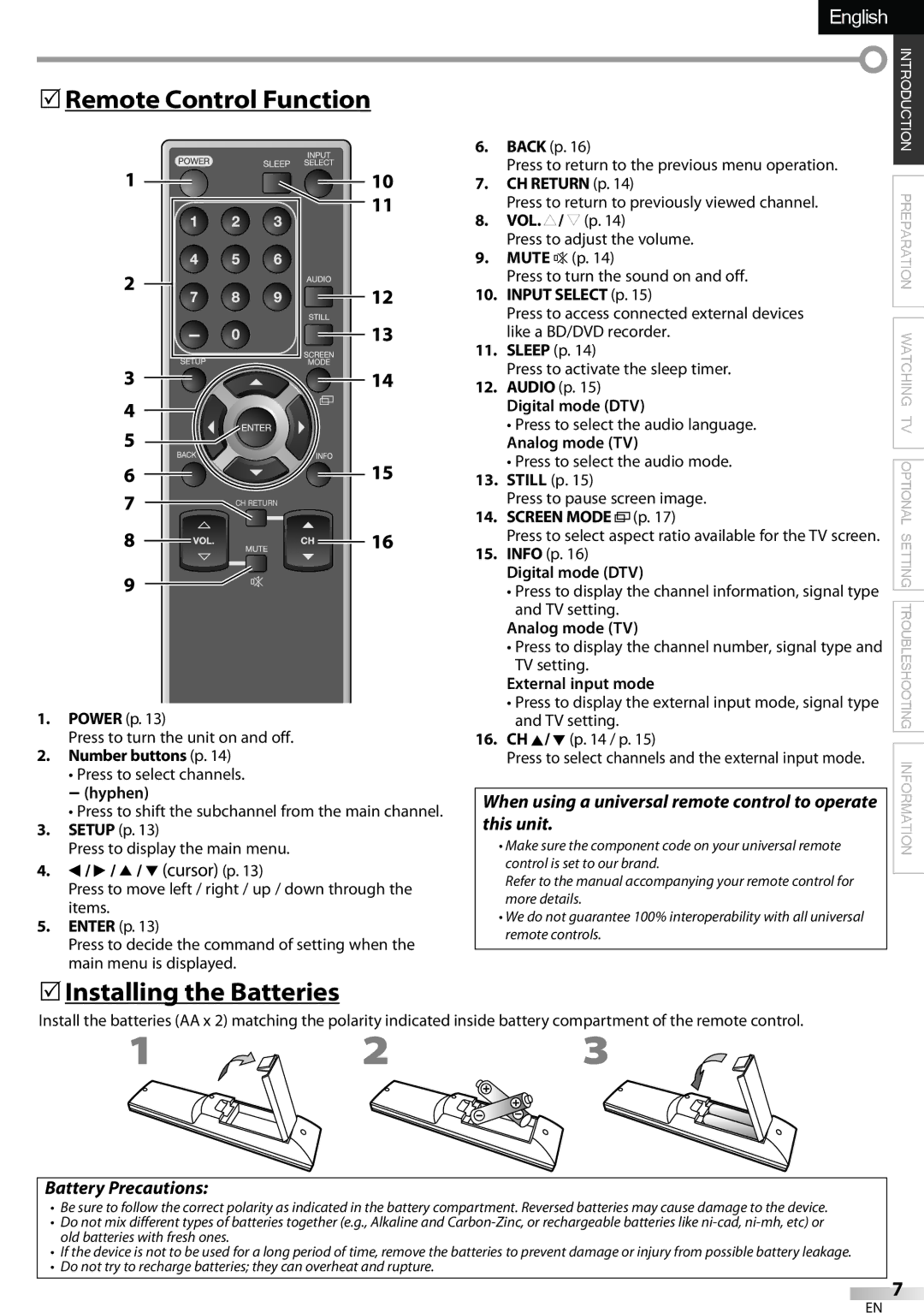 Sylvania LC320SSX owner manual  Remote Control Function,  Installing the Batteries, Battery Precautions, Screen Mode 