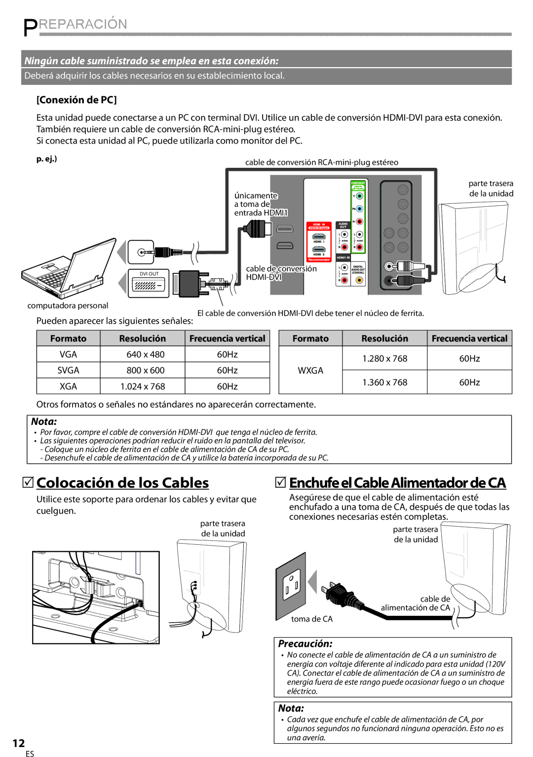 Sylvania LC320SSX  Colocación de los Cables, Conexión de PC, Precaución, Pueden aparecer las siguientes señales 