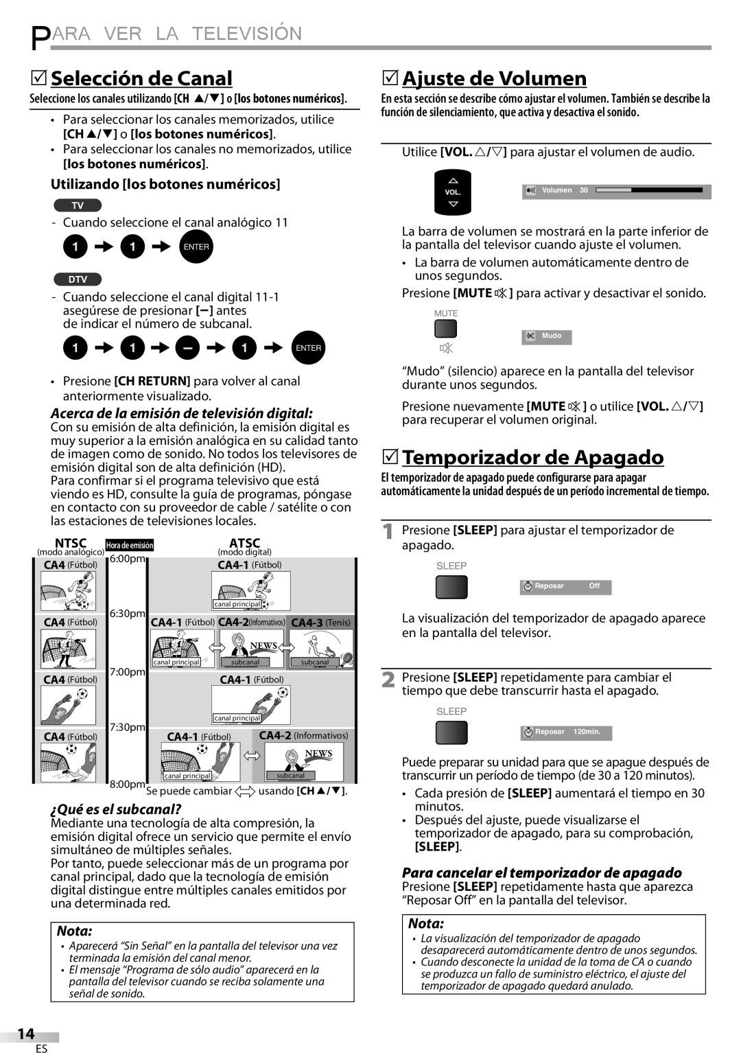 Sylvania LC320SSX owner manual Para VER LA Televisión,  Selección de Canal,  Ajuste de Volumen,  Temporizador de Apagado 