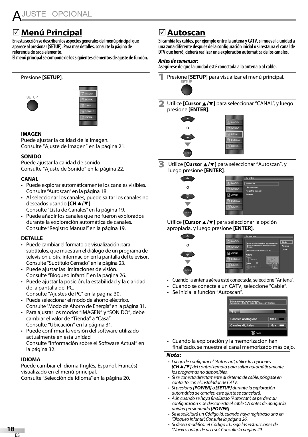 Sylvania LC320SSX owner manual Ajuste Opcional,  Menú Principal 