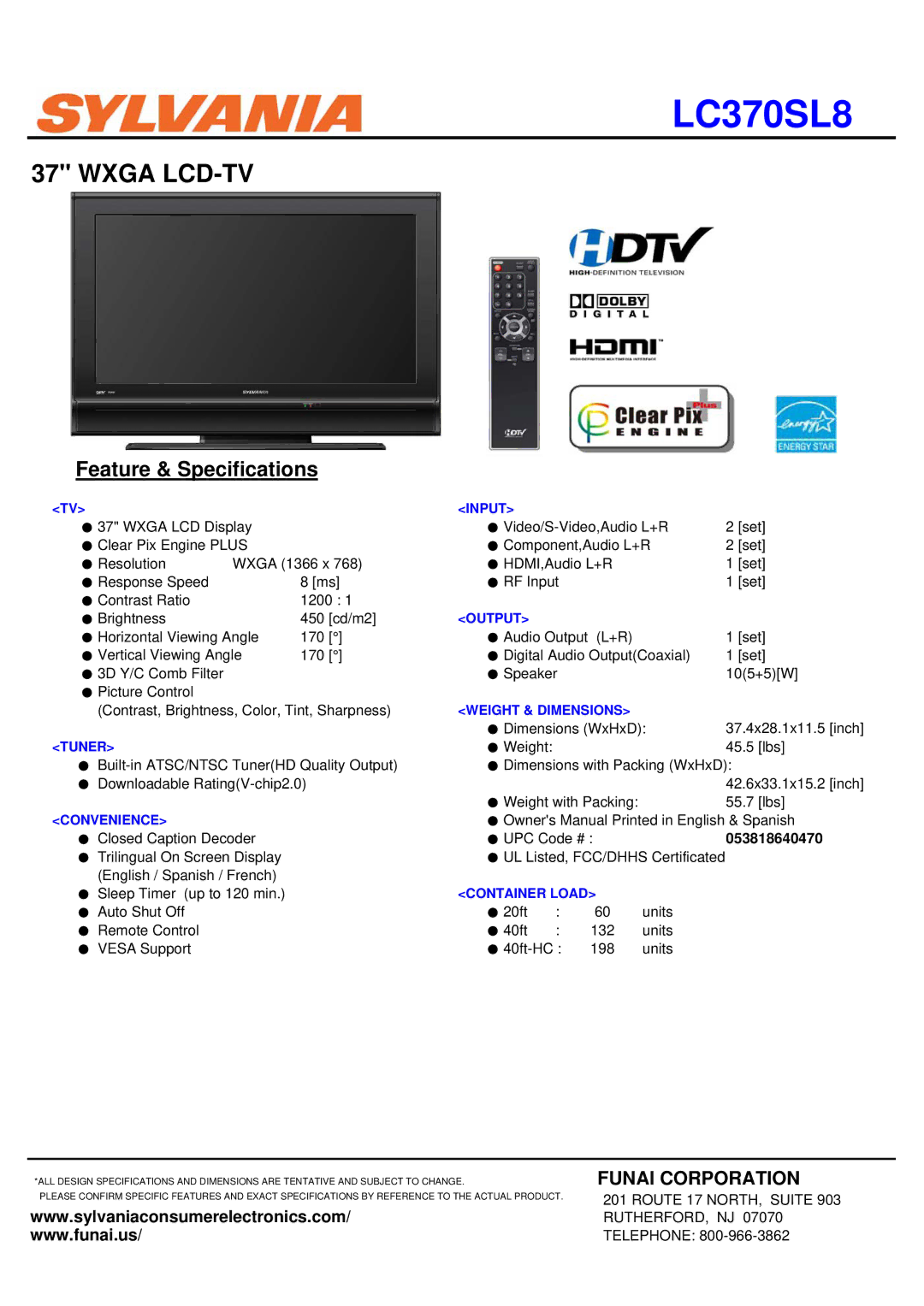 Sylvania LC370SL8 specifications Input, Output, Weight & Dimensions, Tuner, Convenience, Container Load 