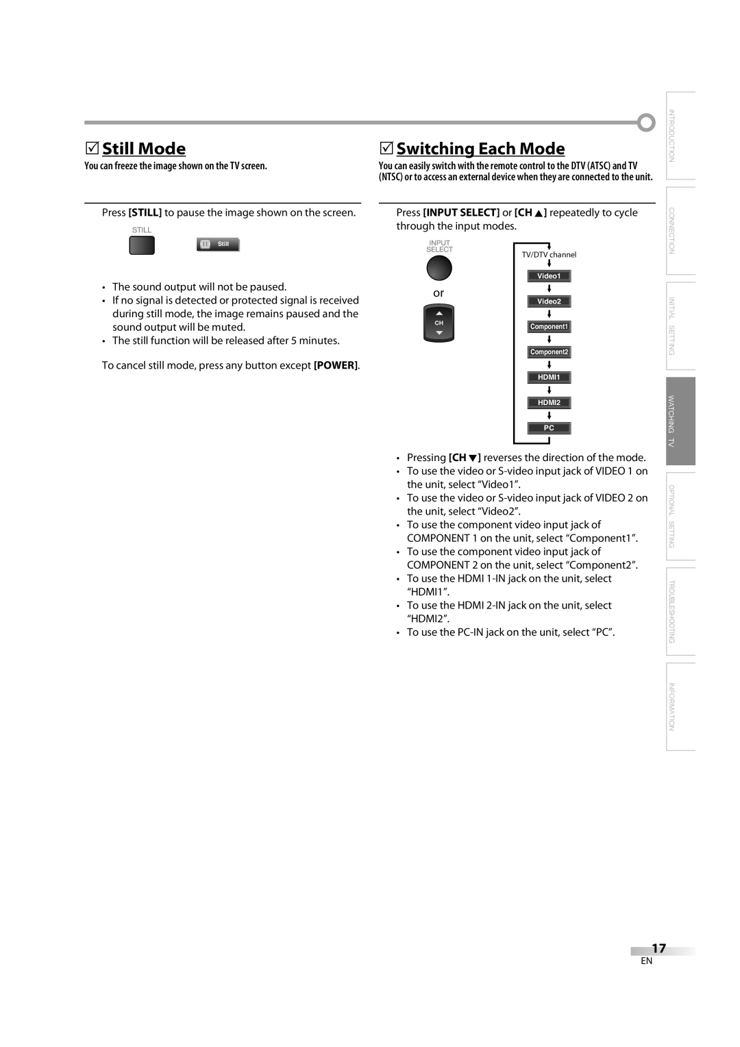 Sylvania LC370SS8 M2 owner manual 5Still Mode, 5Switching Each Mode, You can freeze the image shown on the TV screen 