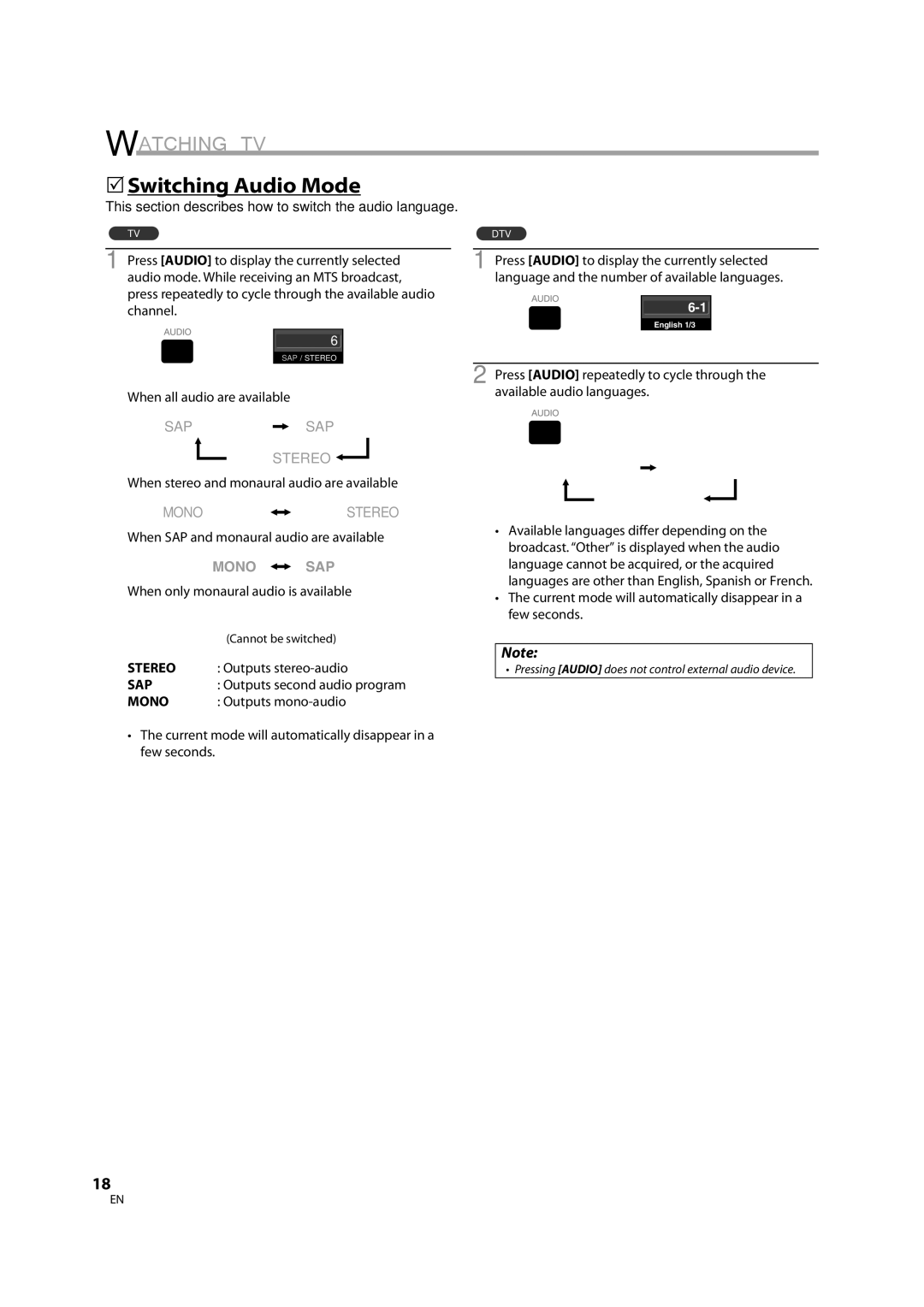 Sylvania LC370SS8 M2 5Switching Audio Mode, This section describes how to switch the audio language, Stereo, Sap, Mono 