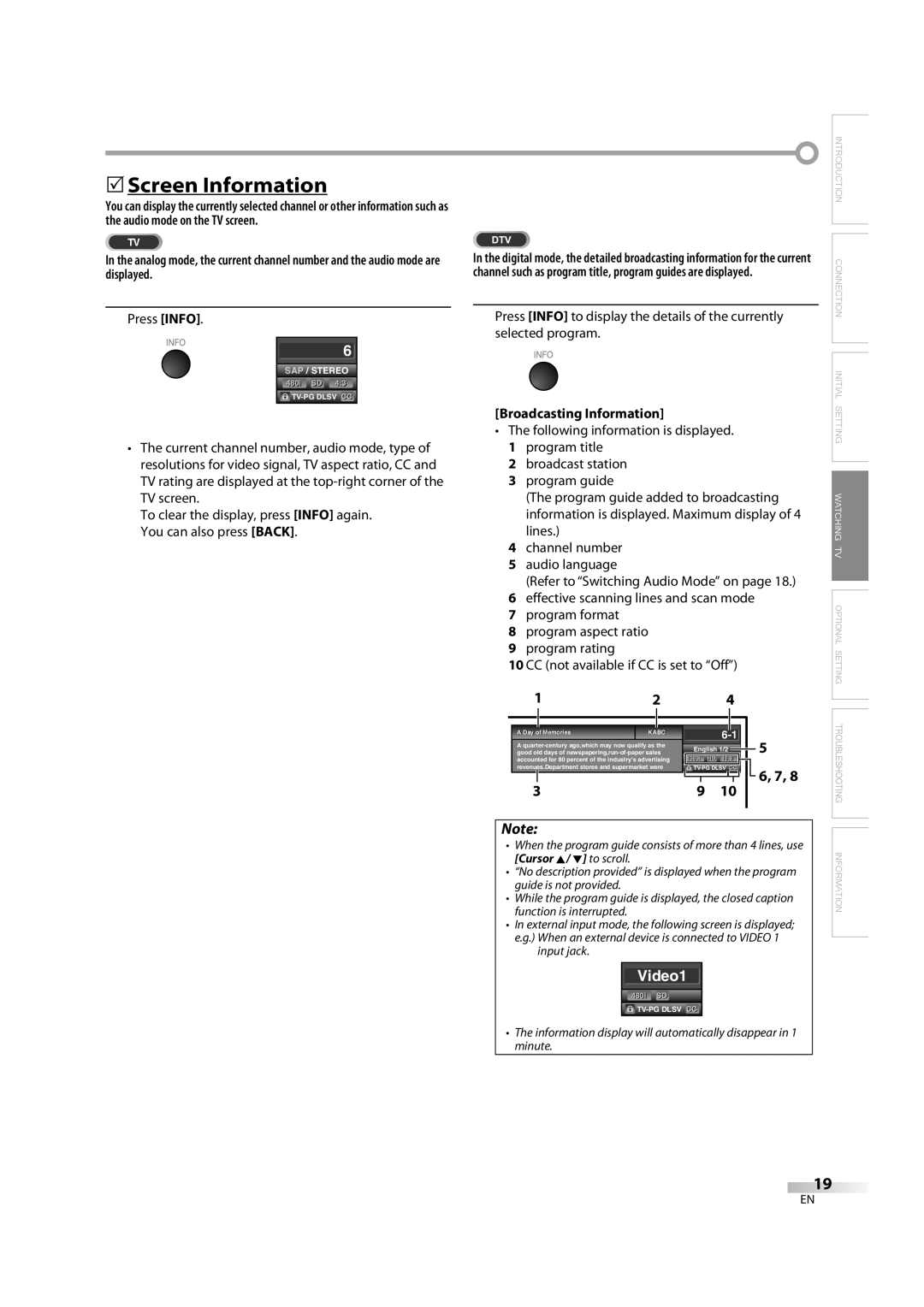 Sylvania LC370SS8 M2 owner manual 5Screen Information, Press Info, Broadcasting Information, Day of Memories 