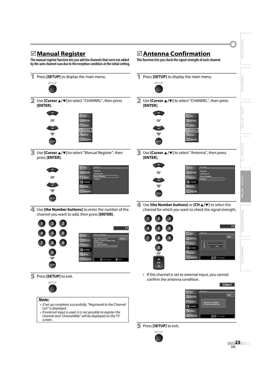 Sylvania LC370SS8 M2 owner manual 5Manual Register, 5Antenna Confirmation, Use the Number buttons or CH K/L to select 
