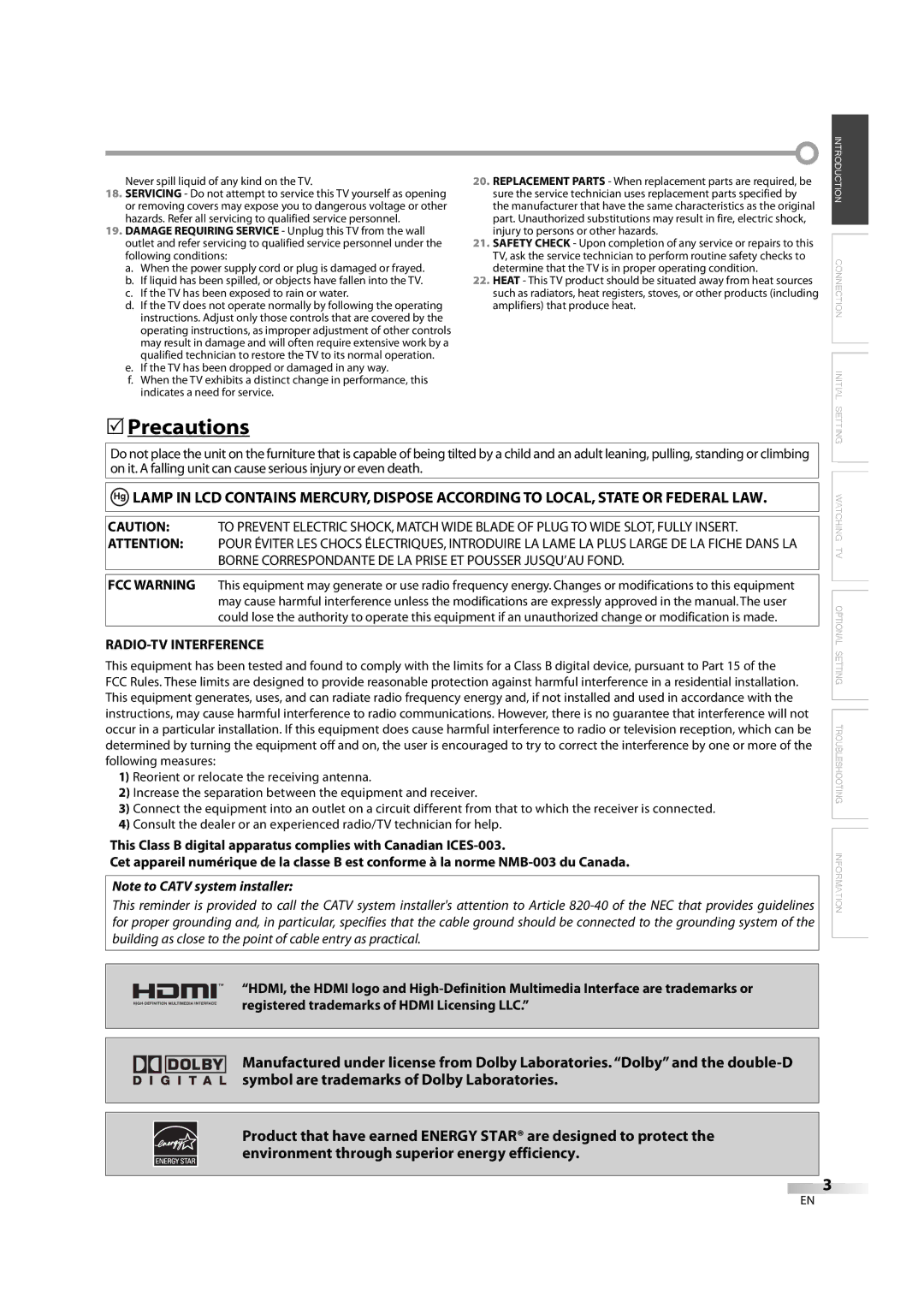 Sylvania LC370SS8 M2 owner manual Precautions, RADIO-TV Interference 