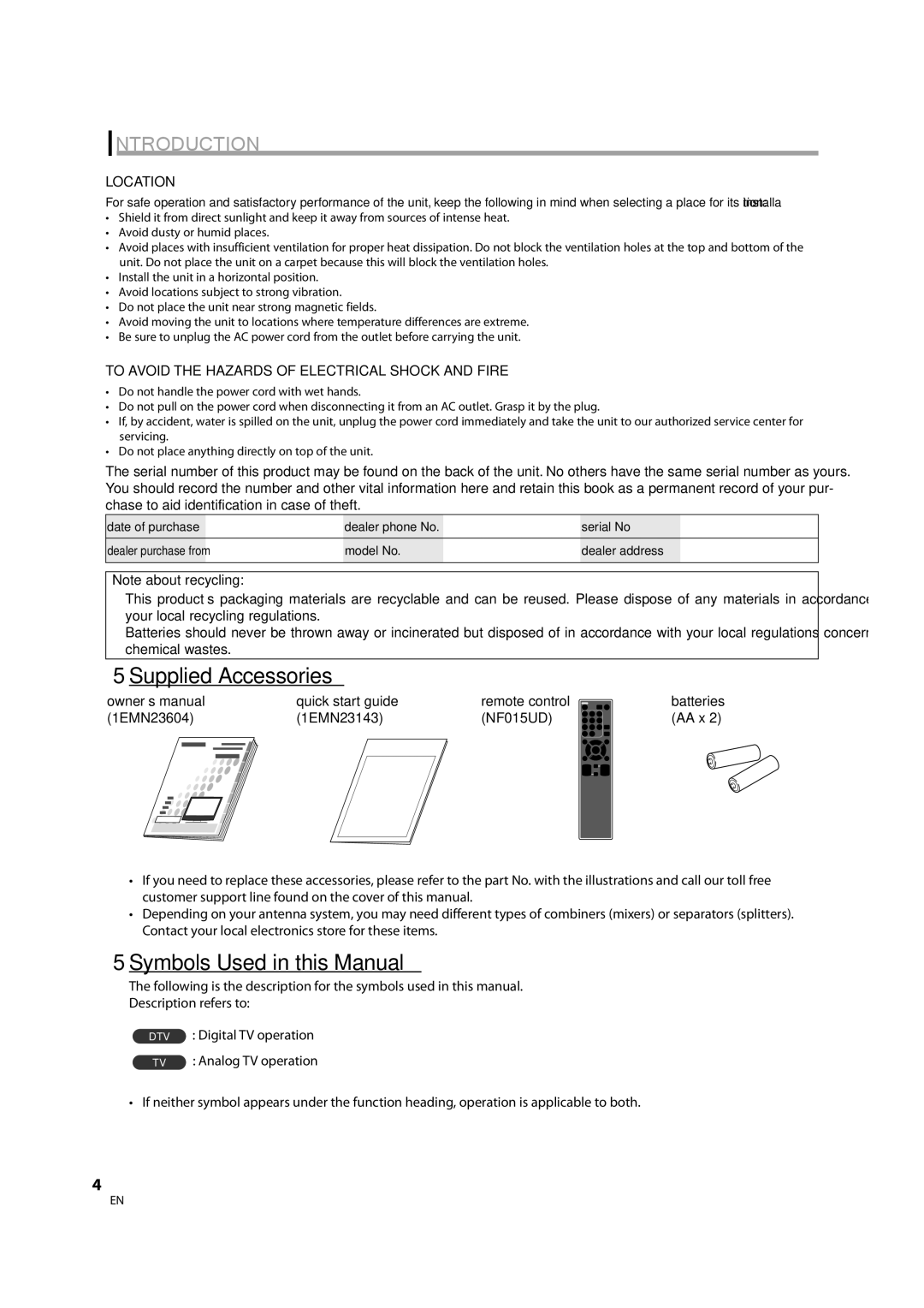 Sylvania LC370SS8 M2 5Supplied Accessories, 5Symbols Used in this Manual, Location, Quick start guide Remote control 