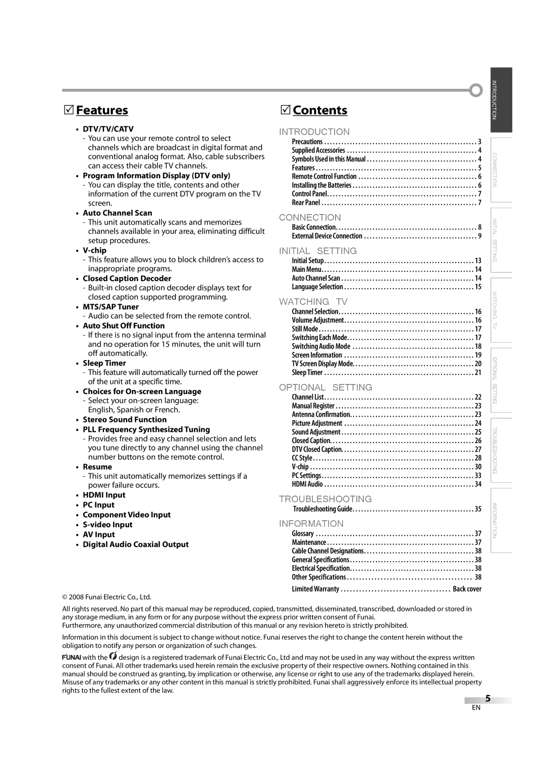 Sylvania LC370SS8 M2 owner manual Features, Contents, Dtv/Tv/Catv 