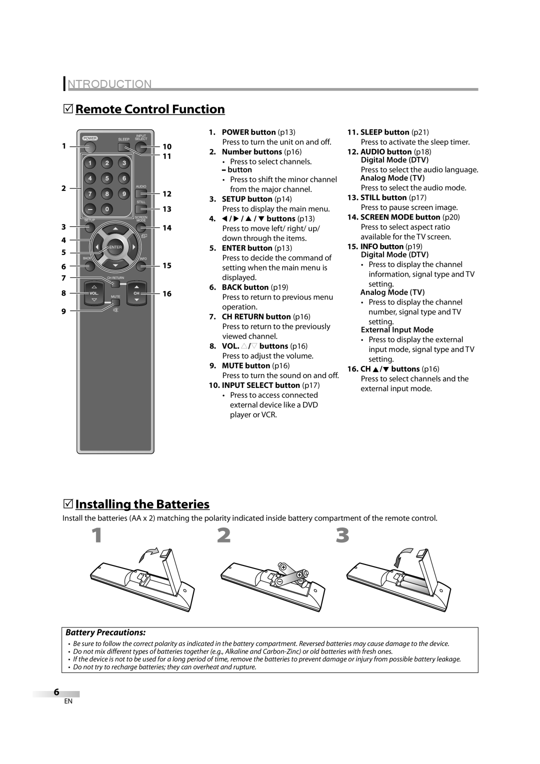 Sylvania LC370SS8 M2 owner manual 5Remote Control Function, 5Installing the Batteries 