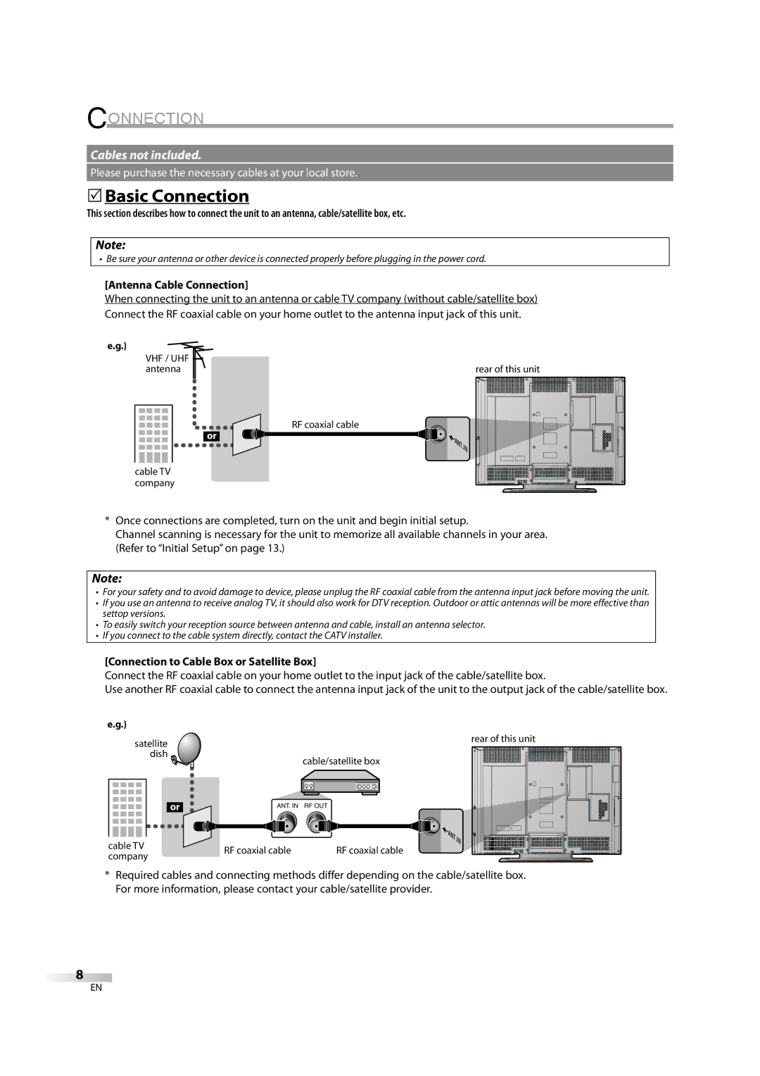 Sylvania LC370SS8 M2 owner manual 5Basic Connection, Antenna Cable Connection, Connection to Cable Box or Satellite Box 