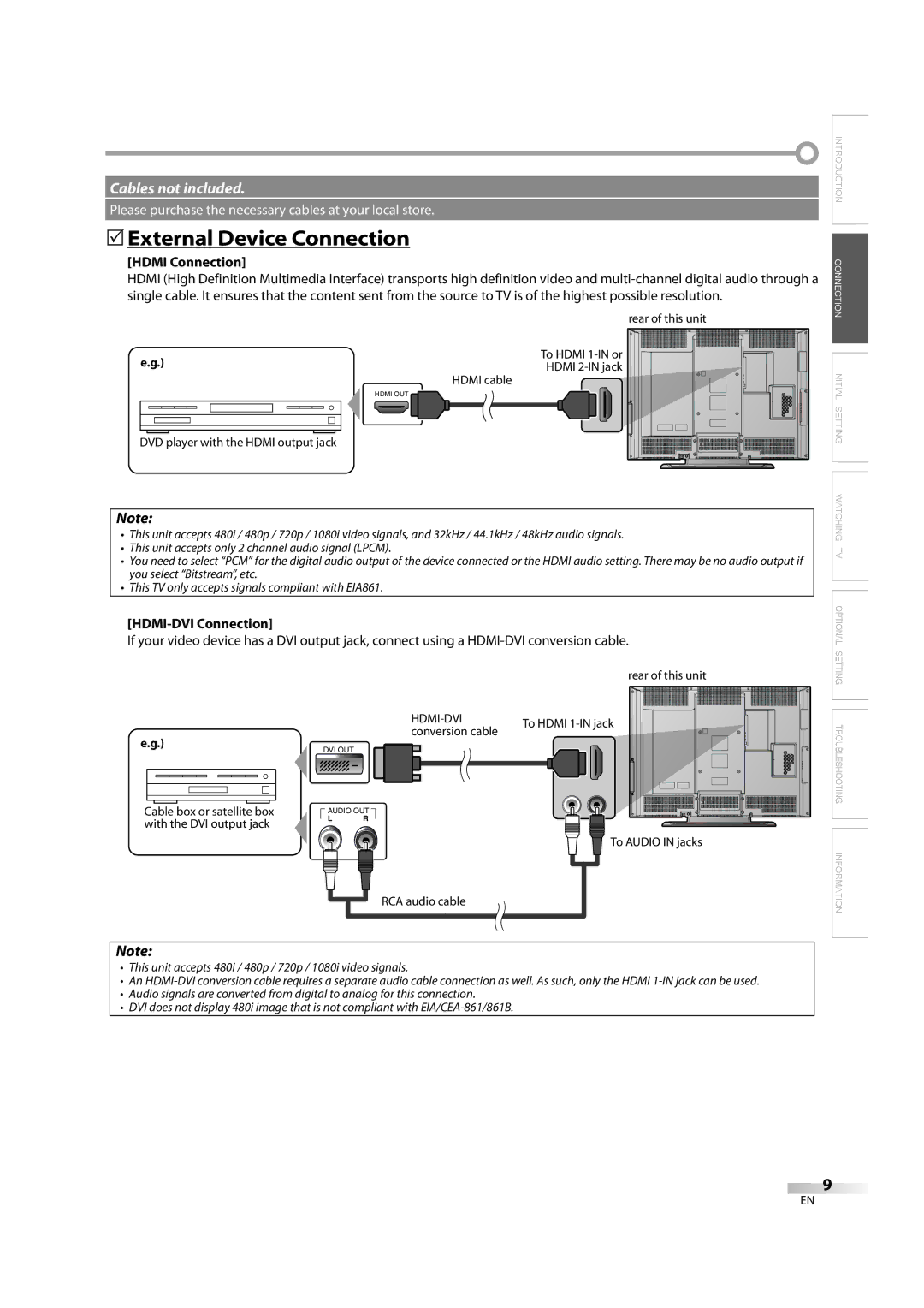 Sylvania LC370SS8 M2 owner manual 5External Device Connection, Hdmi Connection, HDMI-DVI Connection 