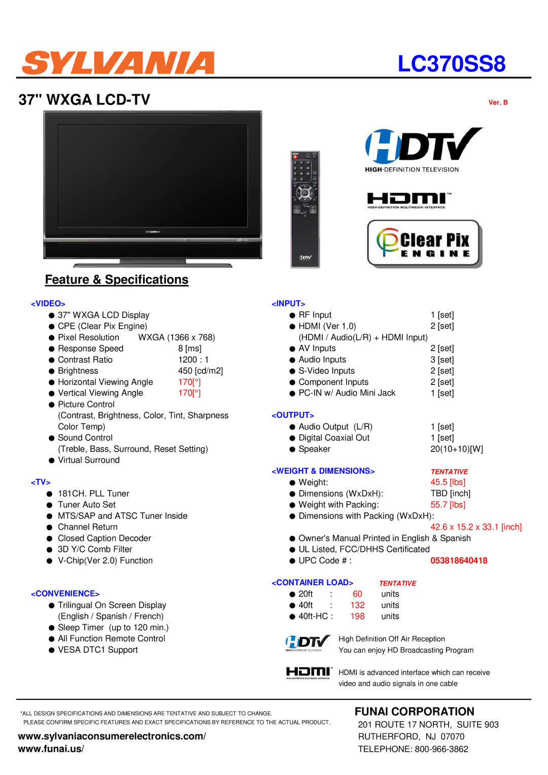 Sylvania LC370SS8 specifications Video Input, Output, Weight & Dimensions, Container Load, Convenience 