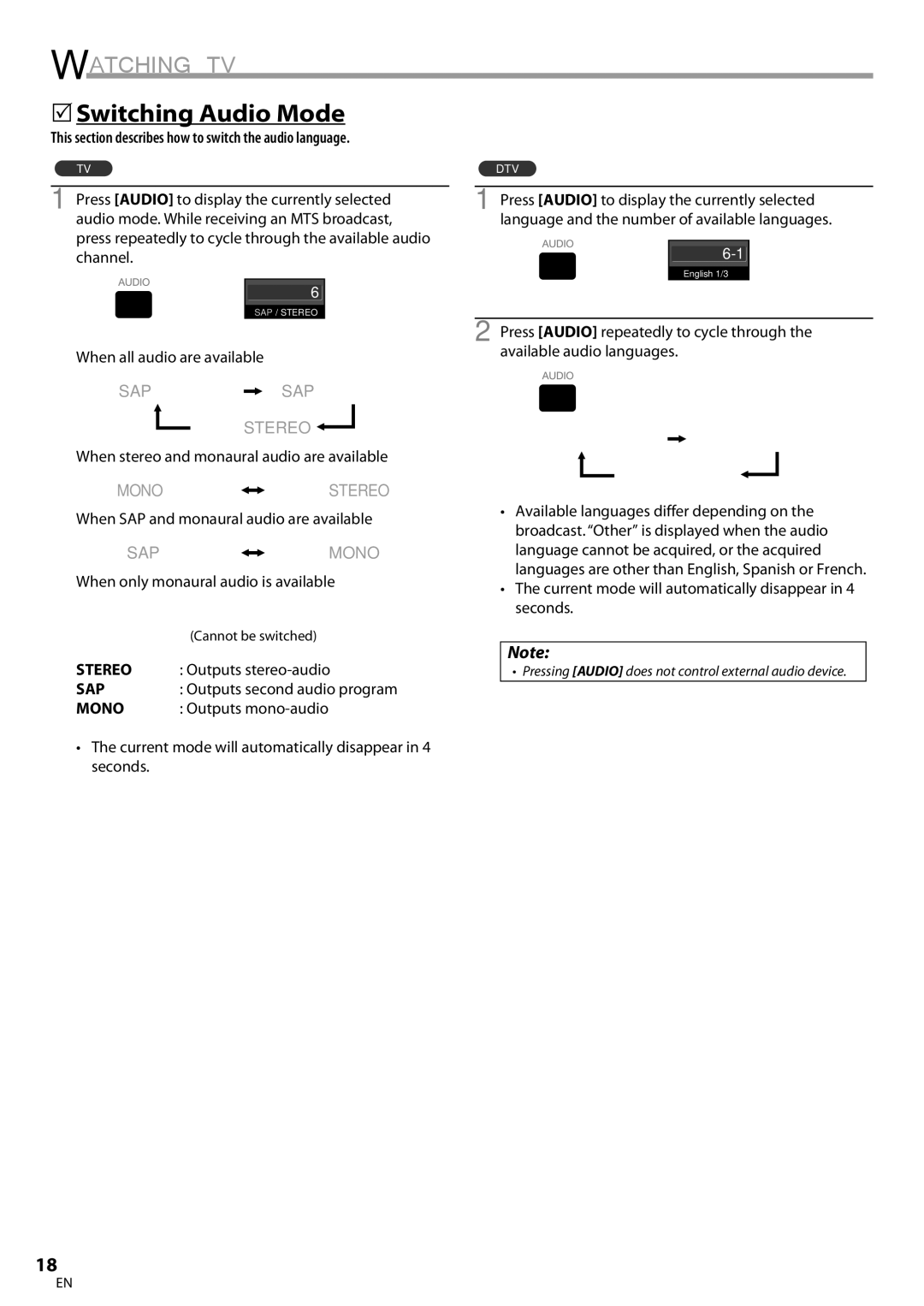 Sylvania LC370SS8 5Switching Audio Mode, This section describes how to switch the audio language, Stereo, Sap, Mono 