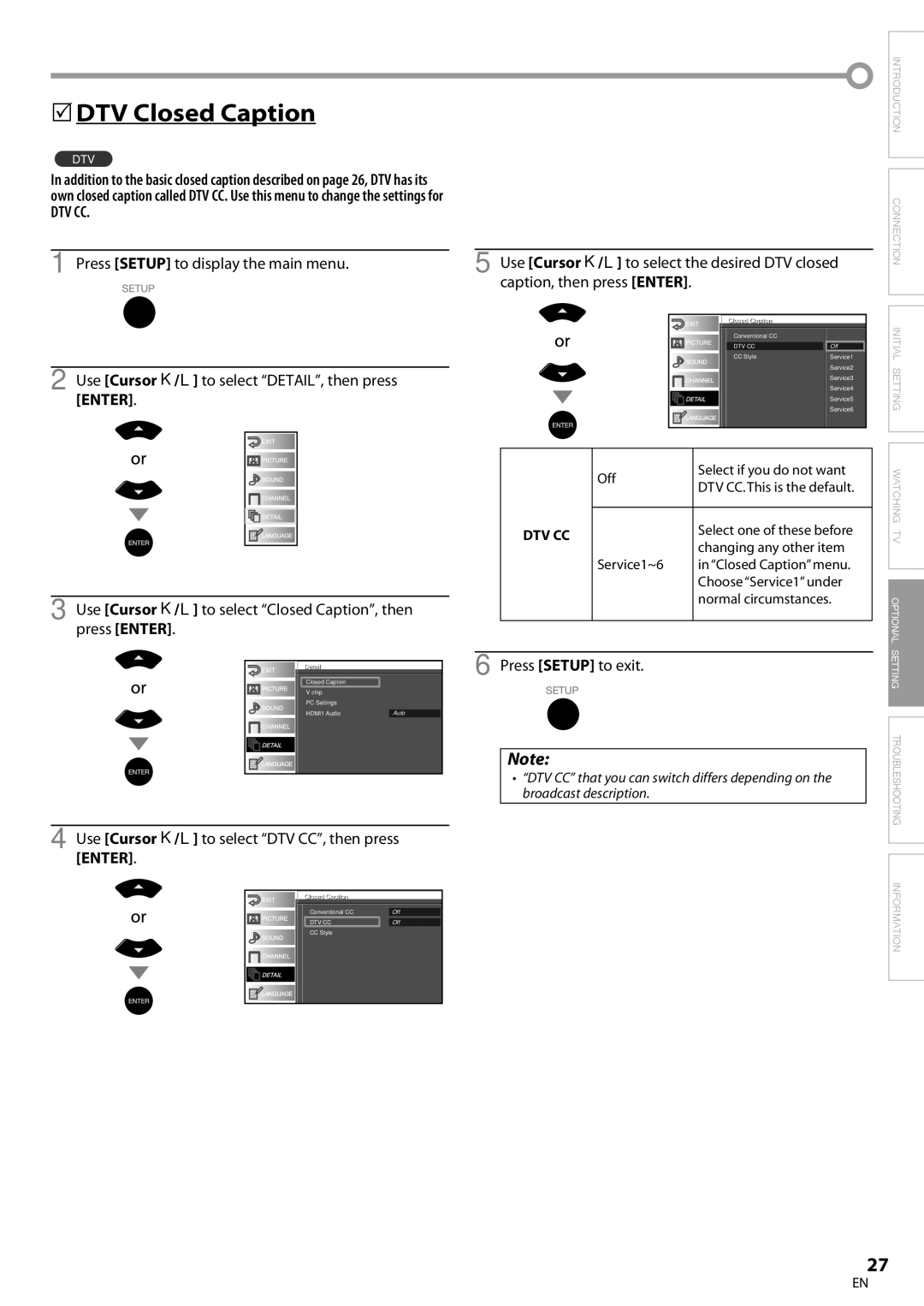 Sylvania LC370SS8 owner manual 5DTV Closed Caption, Dtv Cc, Use Cursor K/L to select DTV CC, then press Enter, Detailil 