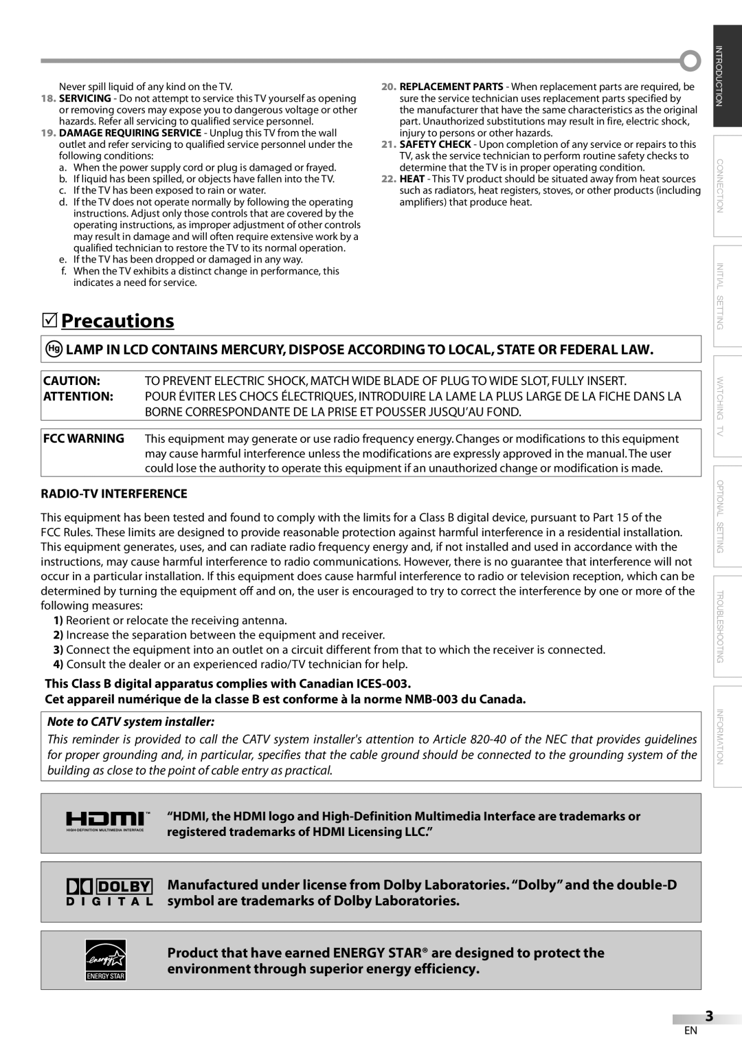 Sylvania LC370SS8 owner manual Precautions, RADIO-TV Interference 