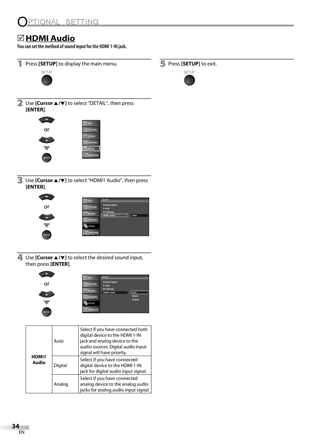 Sylvania LC370SS8 owner manual 5HDMI Audio, You can set the method of sound input for the Hdmi 1-IN jack 