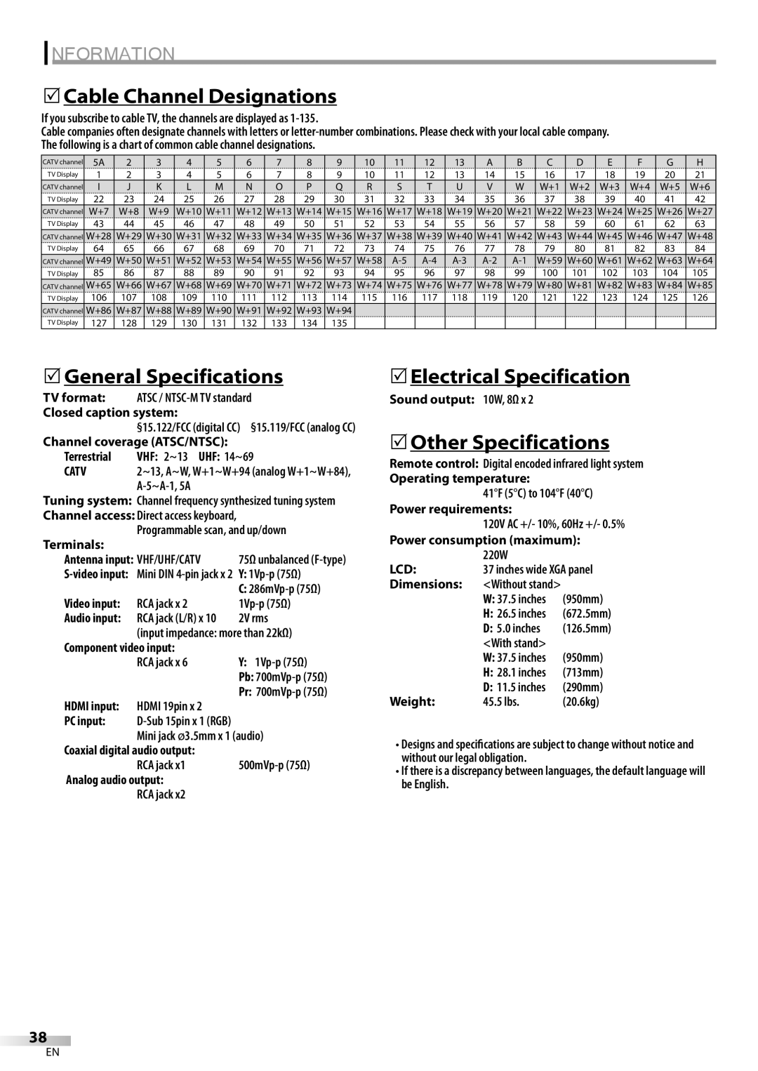 Sylvania LC370SS8 5Cable Channel Designations, 5General Specifications, 5Electrical Specification, 5Other Specifications 