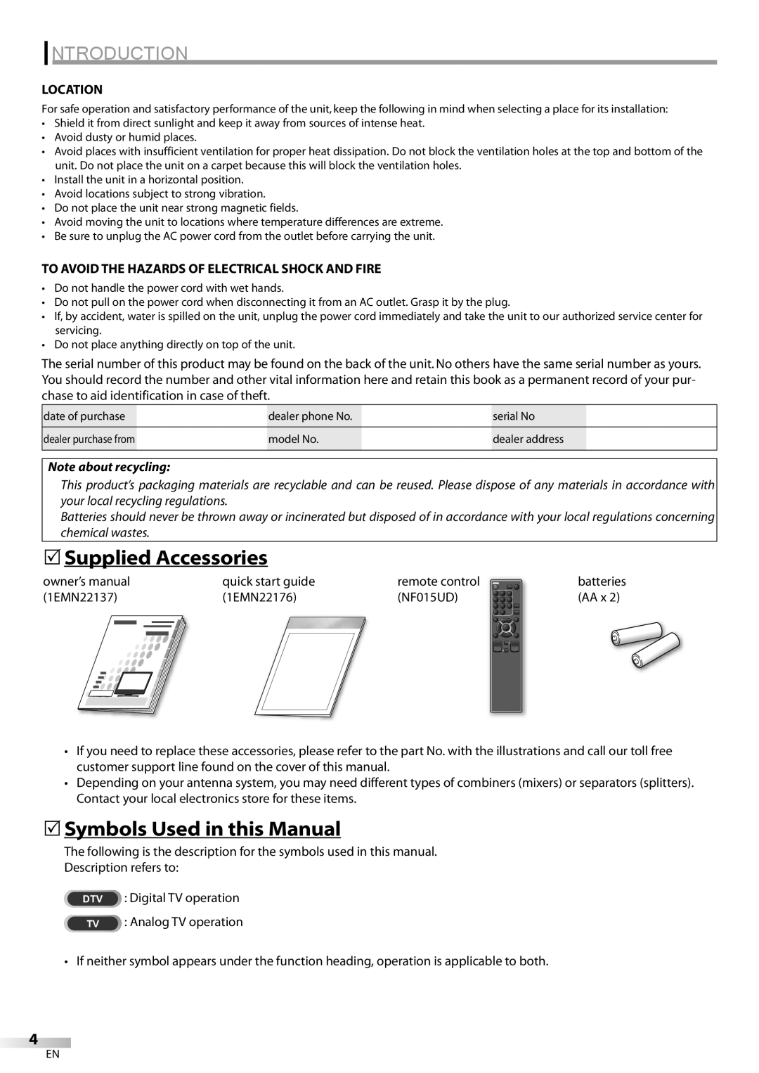 Sylvania LC370SS8 5Supplied Accessories, 5Symbols Used in this Manual, Location, Quick start guide Remote control 