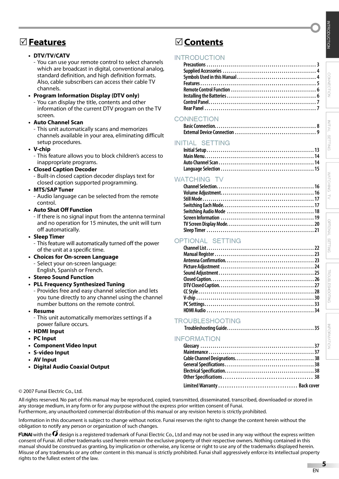 Sylvania LC370SS8 owner manual Features, Contents, Dtv/Tv/Catv 