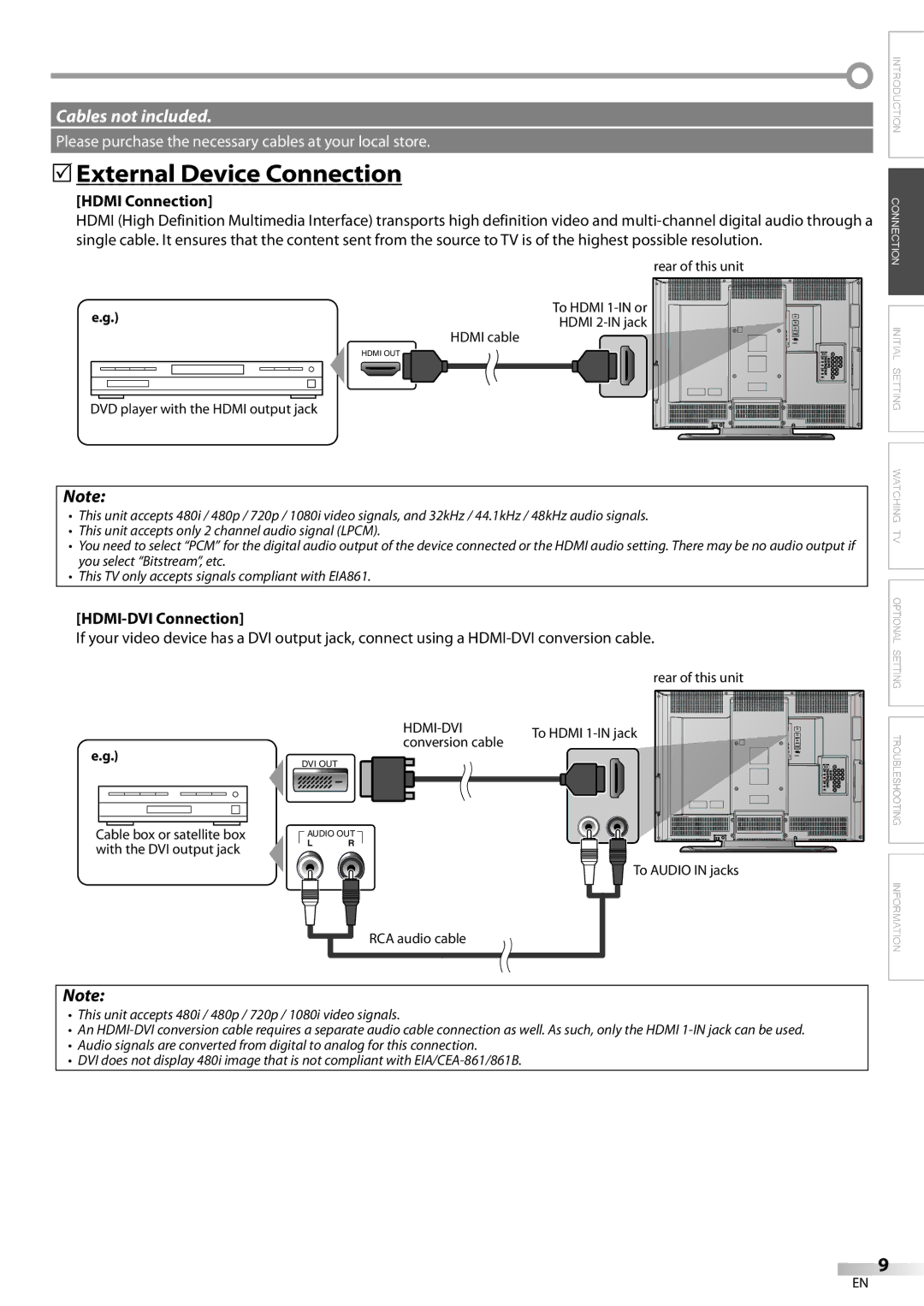 Sylvania LC370SS8 owner manual 5External Device Connection, Hdmi Connection, HDMI-DVI Connection 