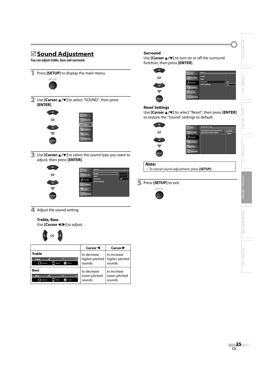 Sylvania LC370SS8M owner manual 5Sound Adjustment, Surround, You can adjust treble, bass and surround, Treble, Bass 