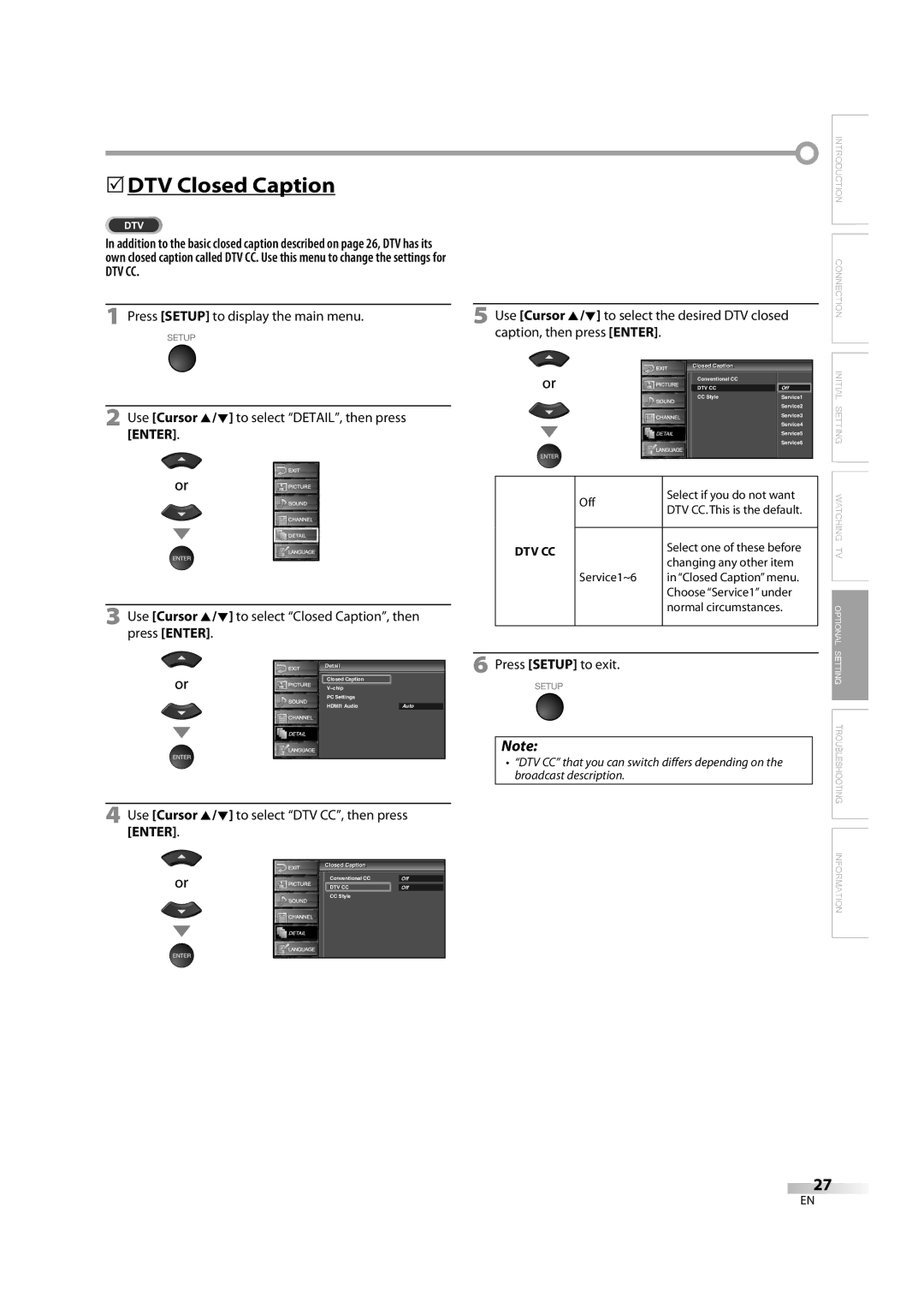 Sylvania LC370SS8M owner manual 5DTV Closed Caption, Dtv Cc, Use Cursor K/L to select DTV CC, then press Enter, Detailil 