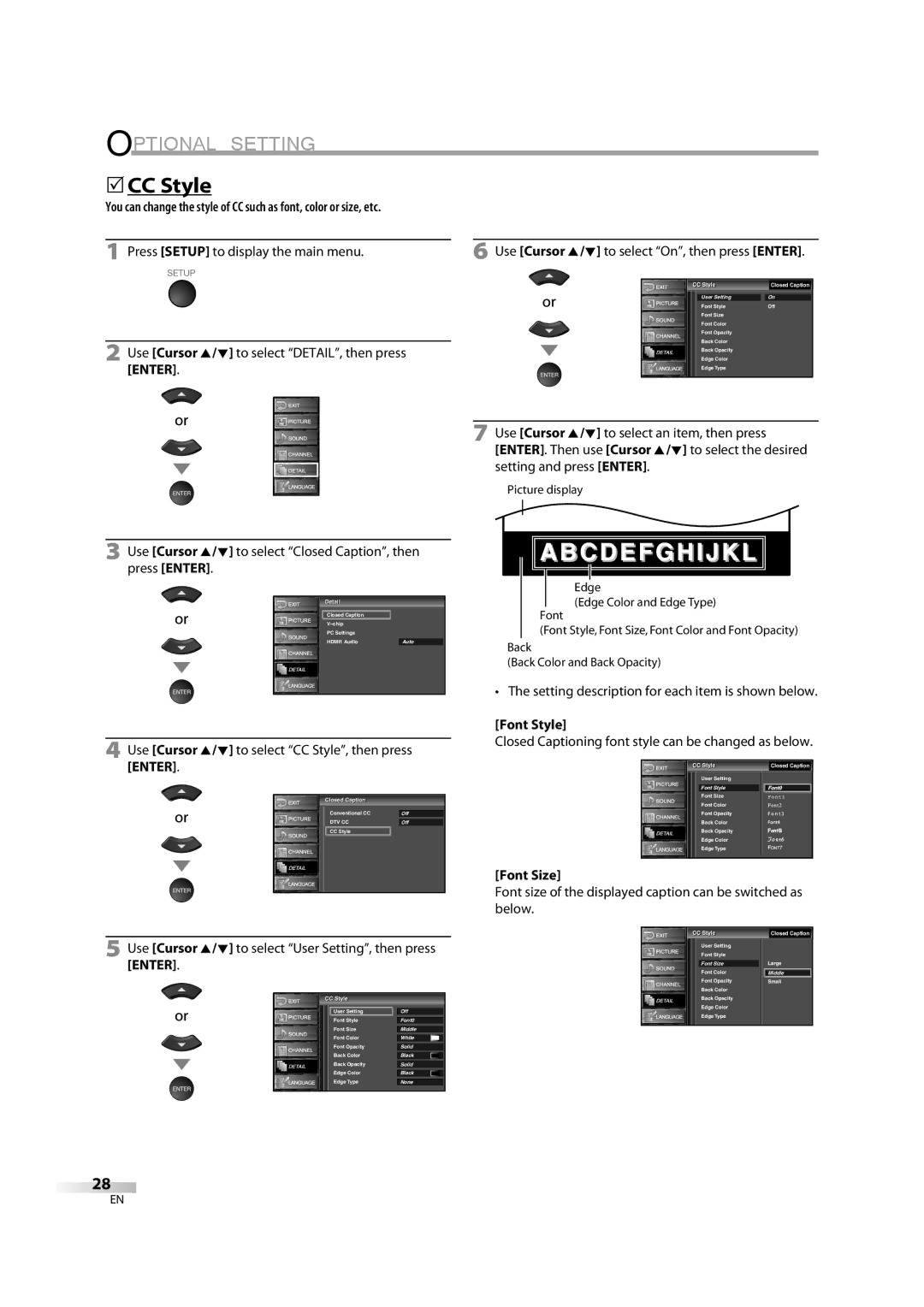 Sylvania LC370SS8M 5CC Style, Font Style, Closed Captioning font style can be changed as below, Font Size, Use Cursor 