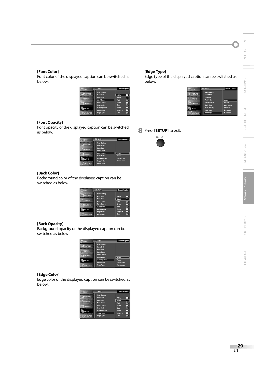 Sylvania LC370SS8M owner manual Font Color, Font Opacity, Back Color, Back Opacity, Edge Color, Edge Type 